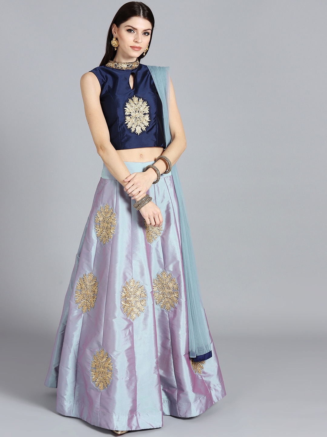 

Chhabra 555 Grey & Navy Blue Zari Embroidered Made to Measure Lehenga Choli