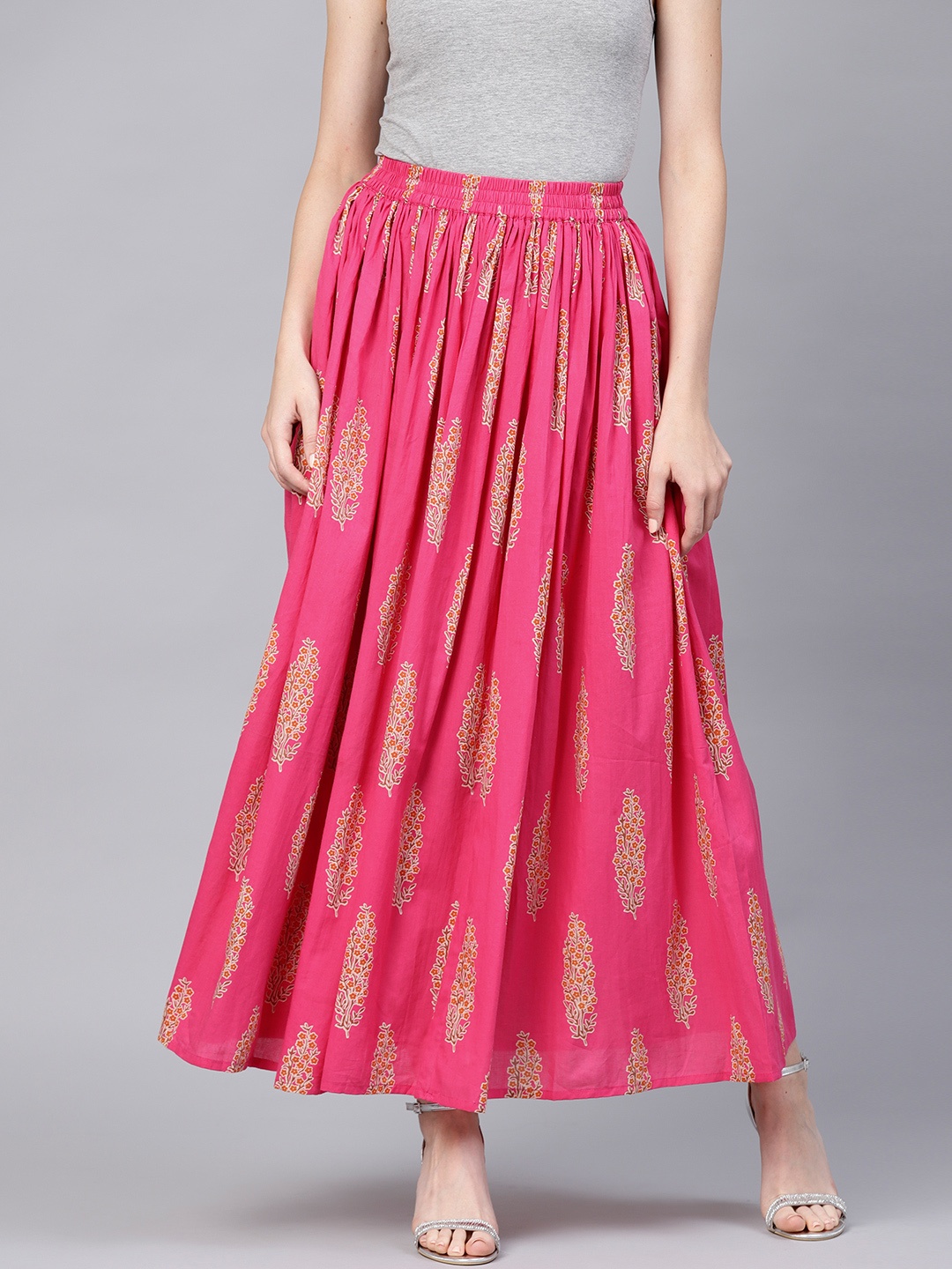 

Nayo Women Pink Printed Maxi Flared Pure Cotton Skirt