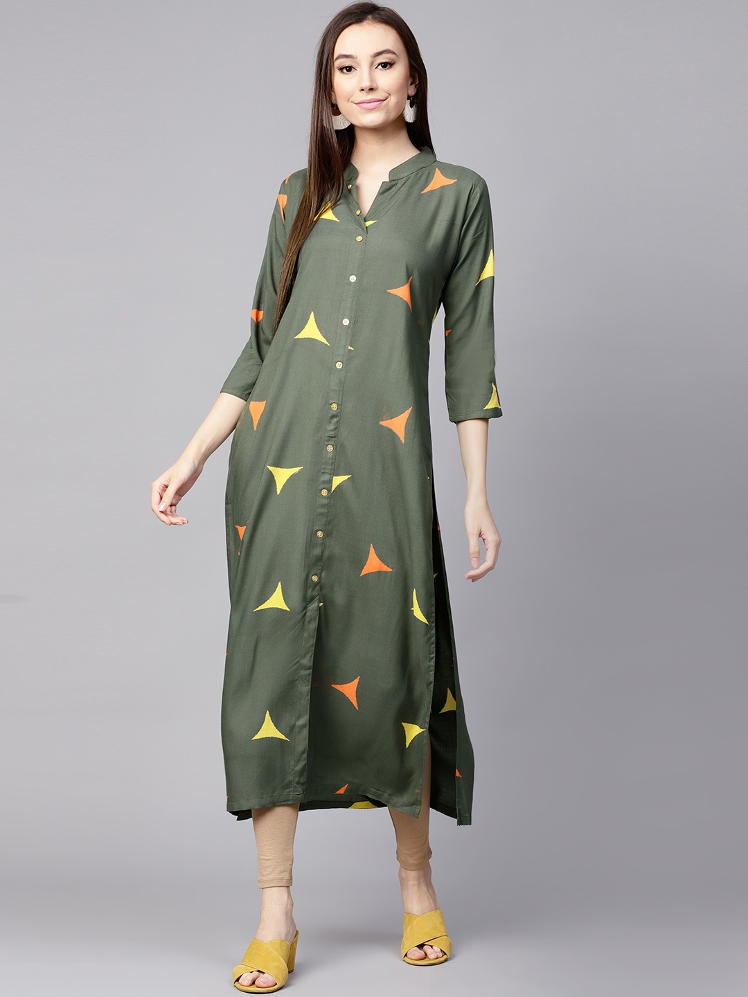 

Nayo Women Olive Green Printed Straight Kurta