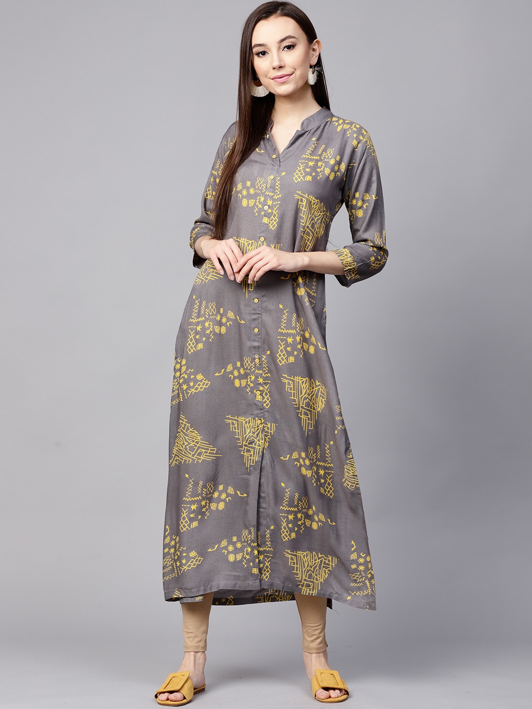 

Nayo Women Grey & Yellow Printed A-Line Kurta