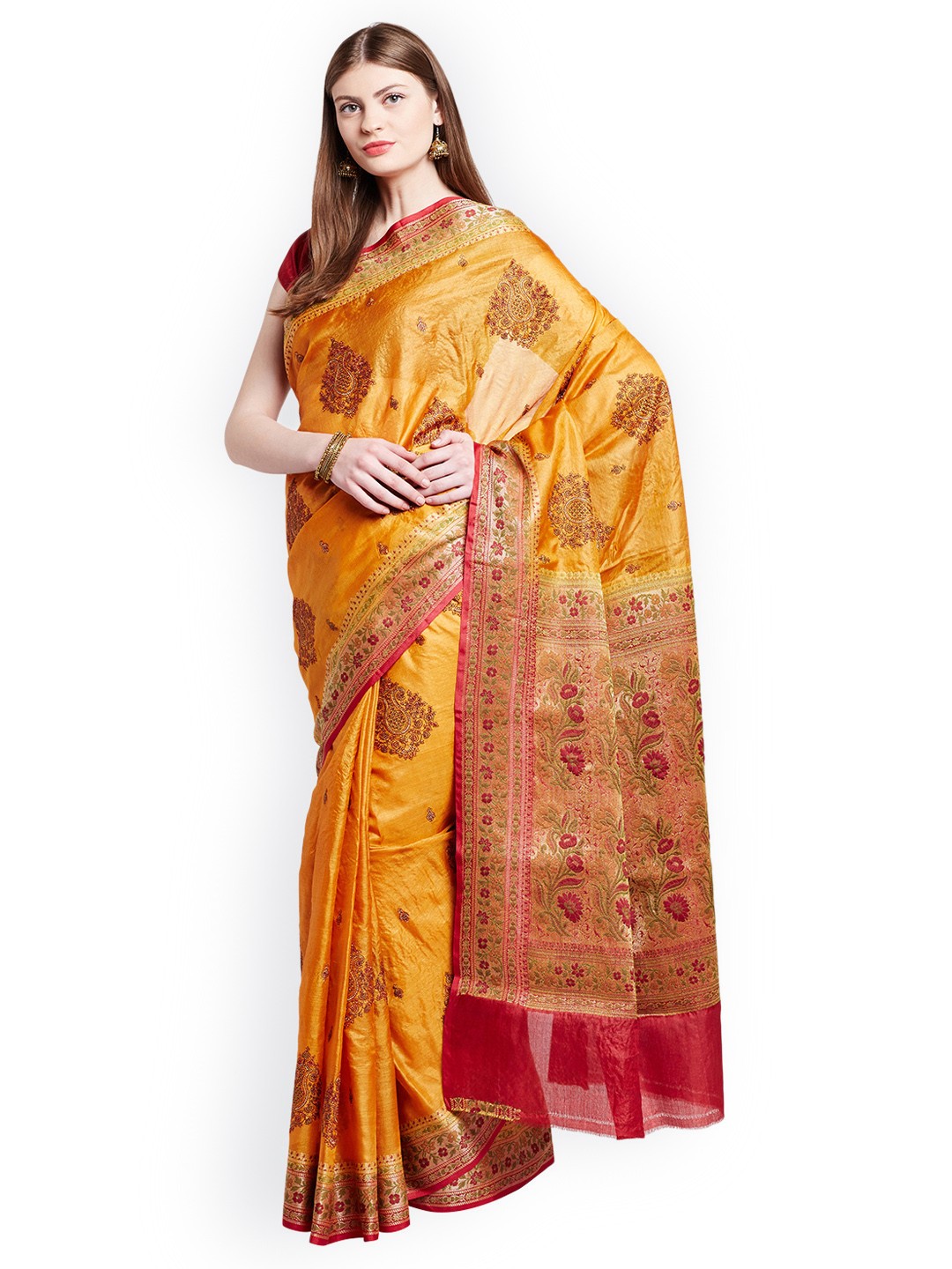 

Chhabra 555 Orange & Pink Art Silk Embroidered Banarasi Saree