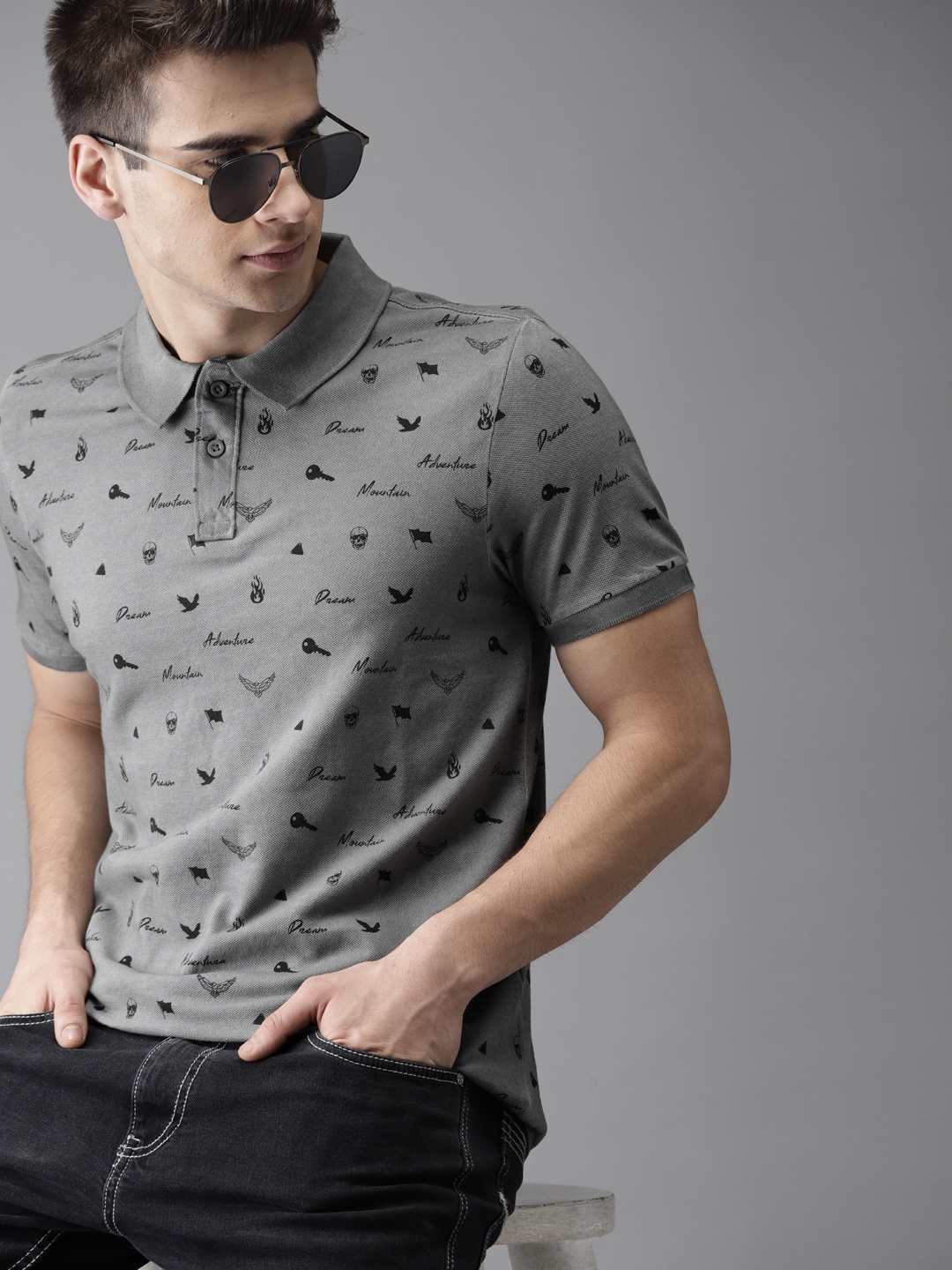 

Moda Rapido Men Grey Printed Polo Collar T-shirt