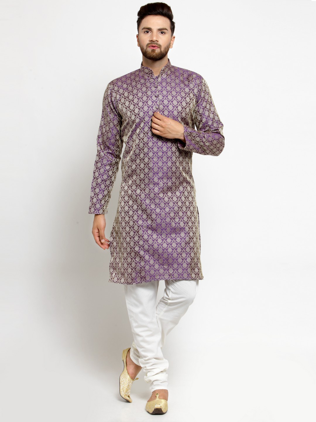 

Jompers Men Purple & Off-White Self Design Kurta with Churidar