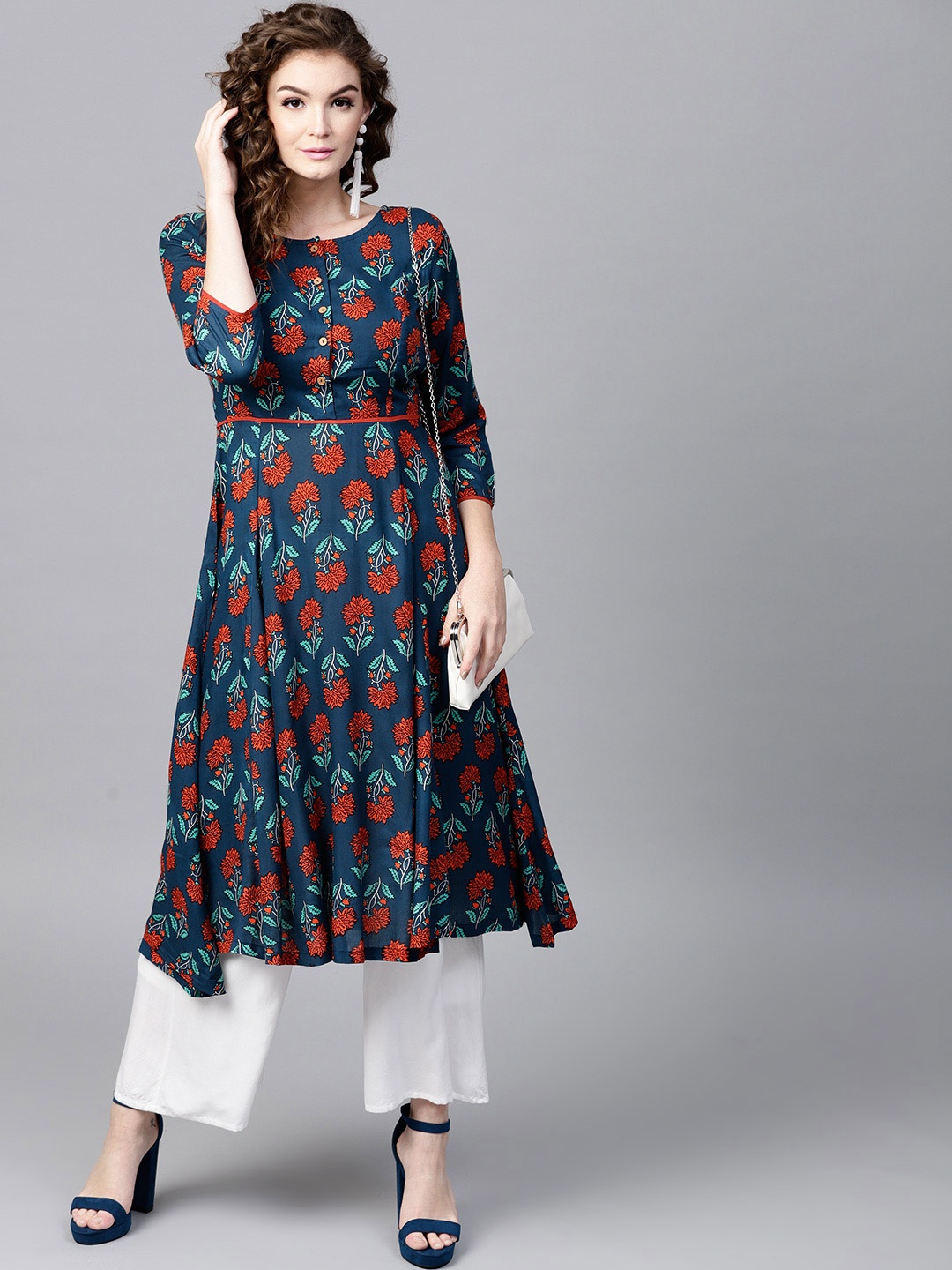 

SASSAFRAS Women Teal Blue & Orange Floral Print A-Line Kurta