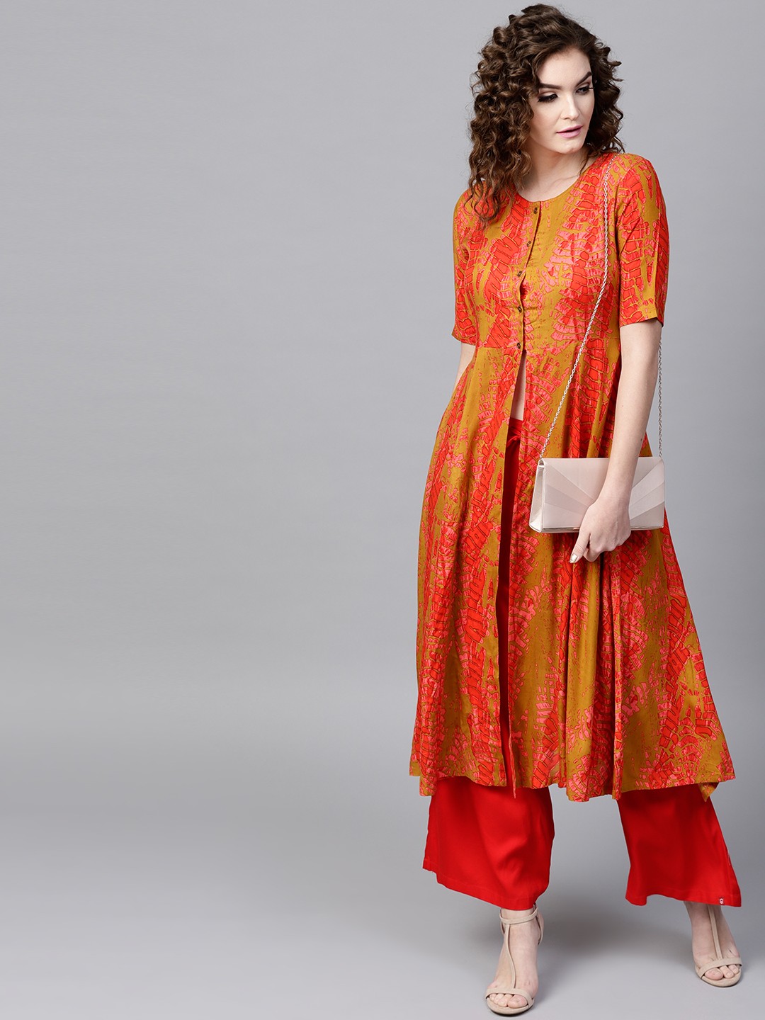 

SASSAFRAS Women Mustard Brown & Red Printed A-Line Kurta