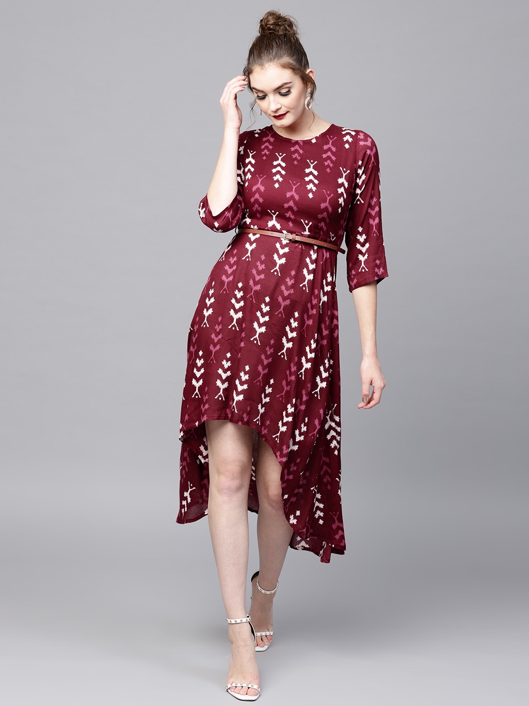 

SASSAFRAS Women Maroon Ikat Print High-Low A-Line Dress