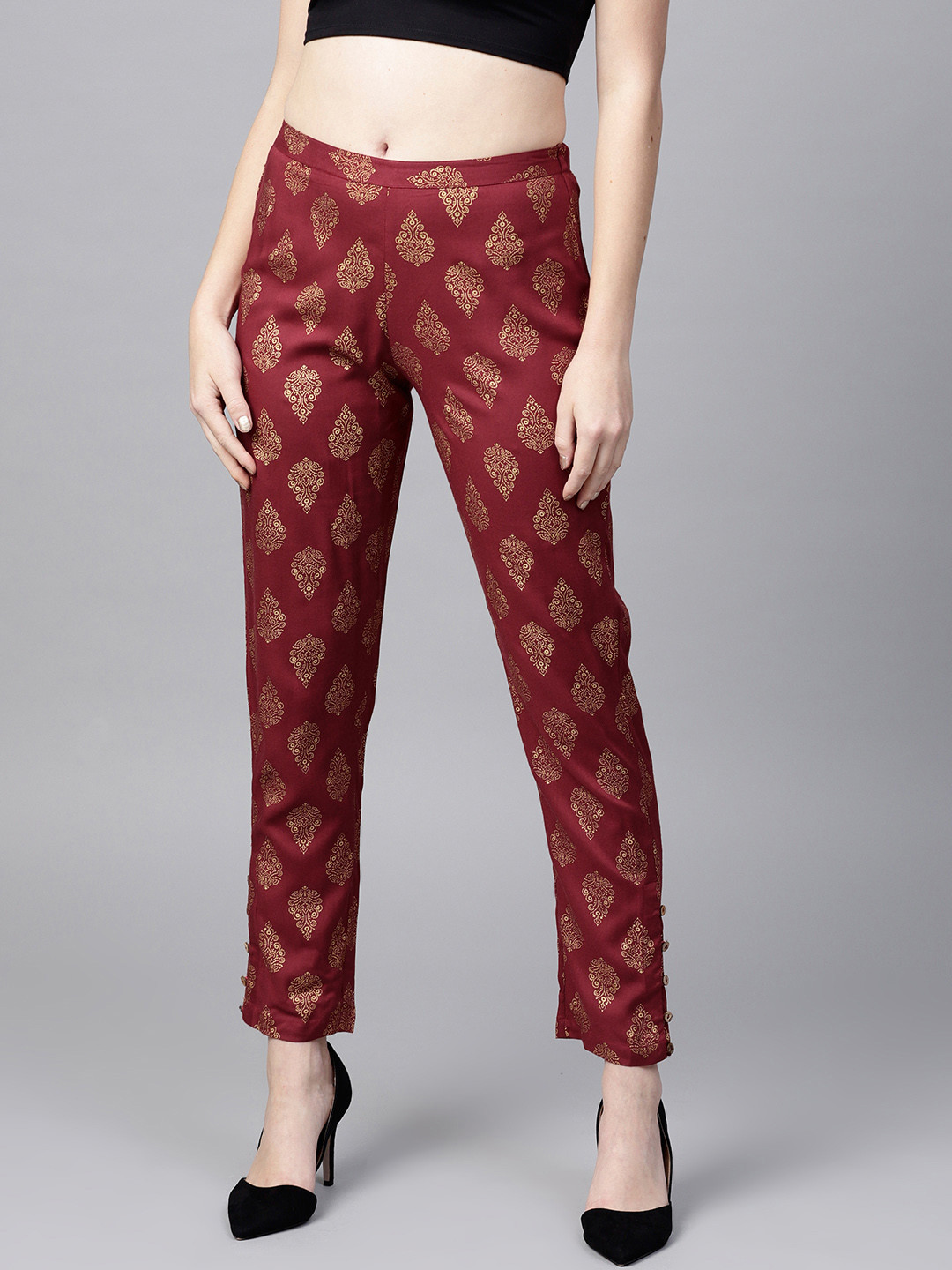 

SASSAFRAS Women Maroon & Golden Tapered Fit Printed Trousers