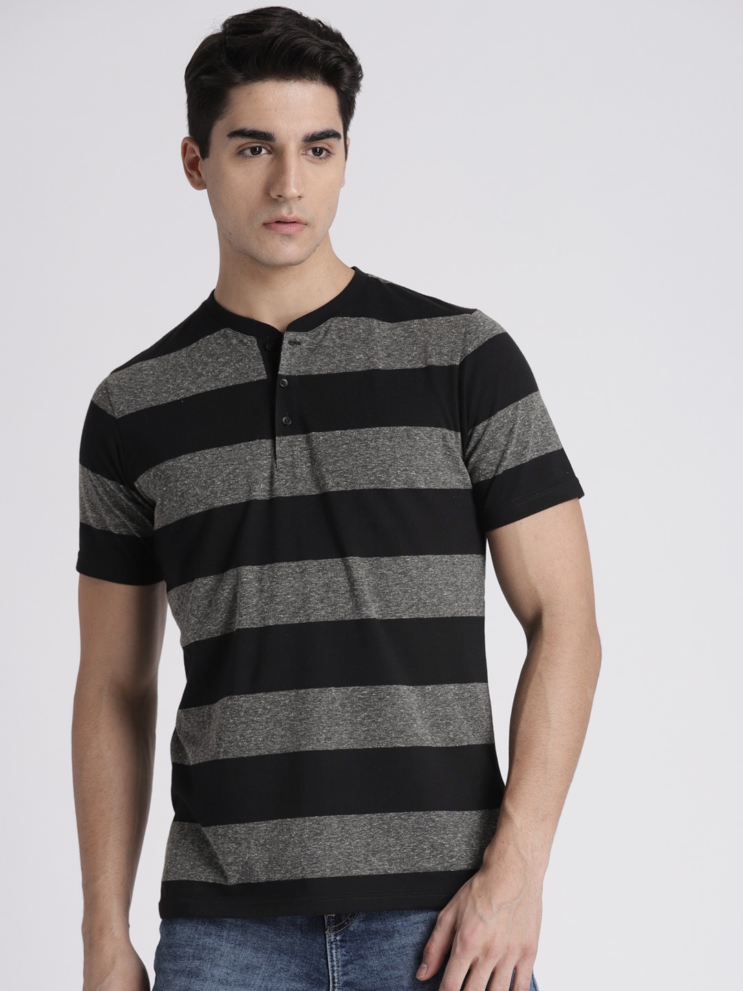 

Splash Men Grey Black Striped Henley Neck Pure Cotton T-shirt