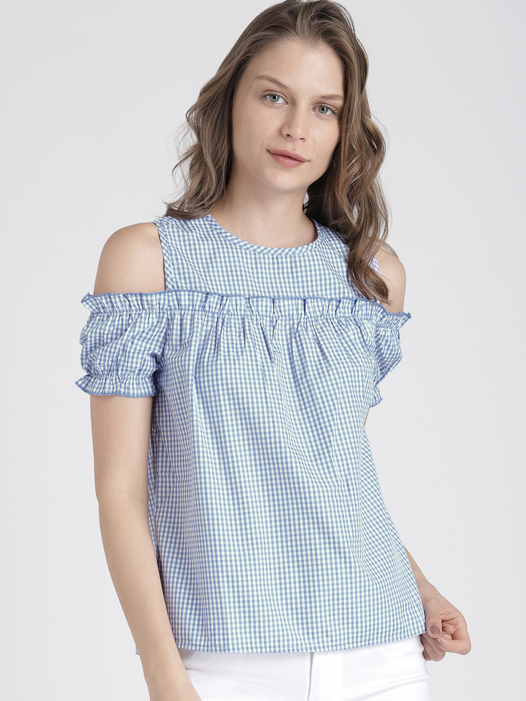 

Splash Women Blue & White Checked Regular Top