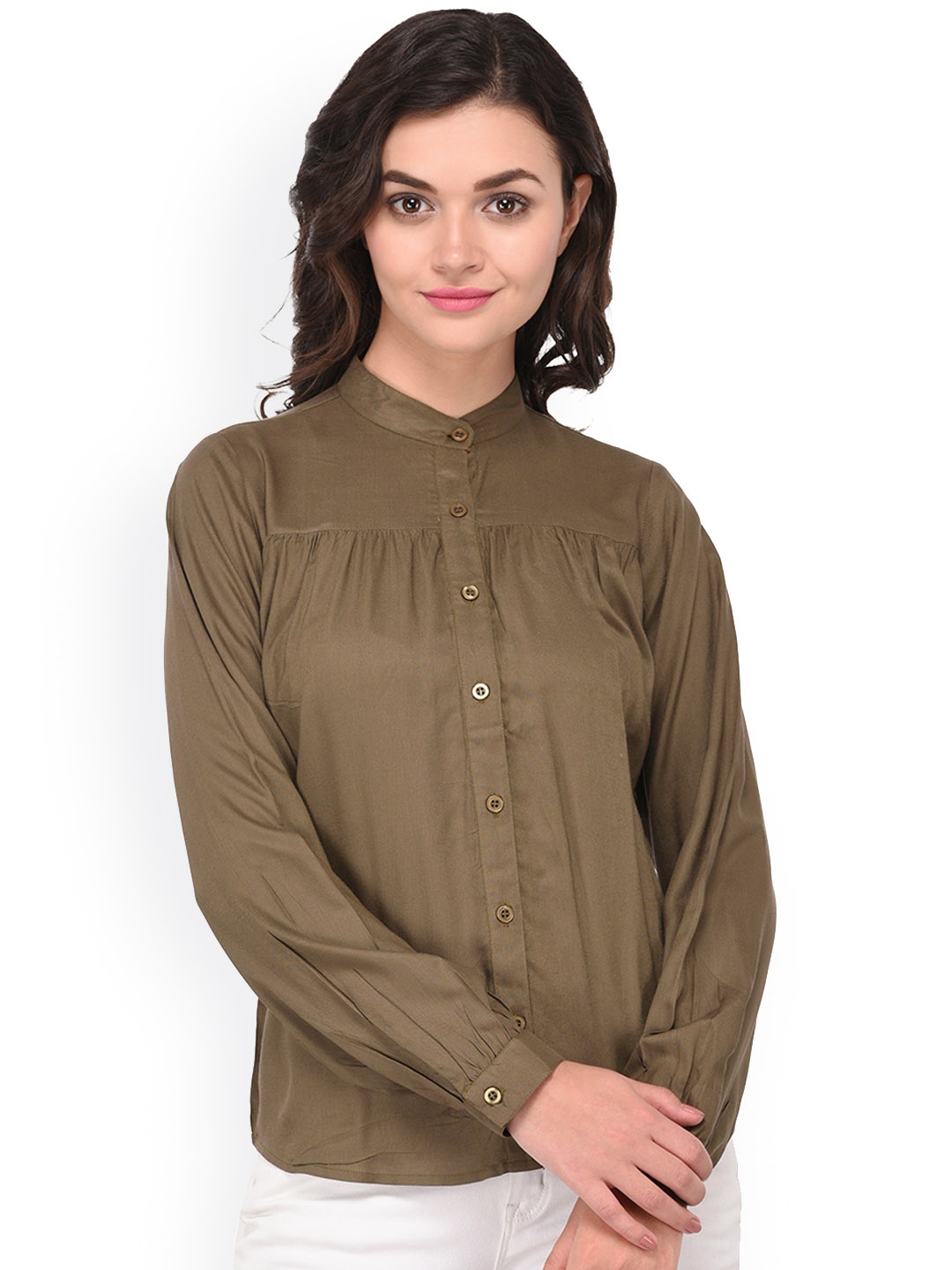 

PURYS Women Olive Green Regular Fit Solid Casual Shirt