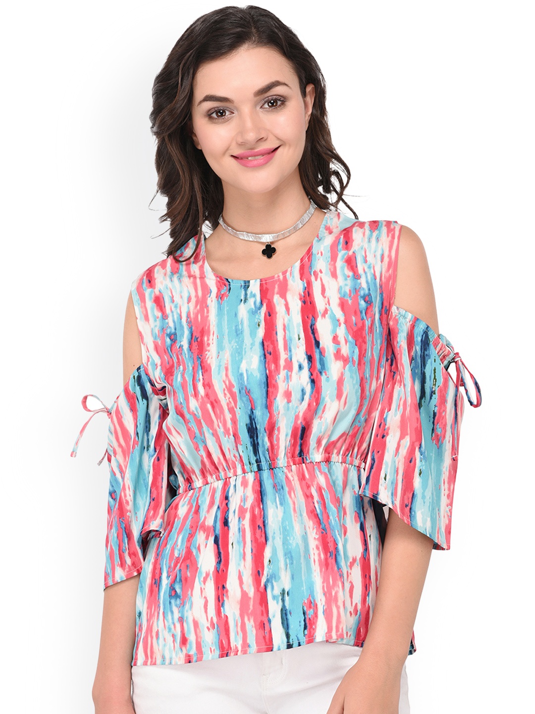 

PURYS Women Pink & Blue Printed Cinched Waist Top