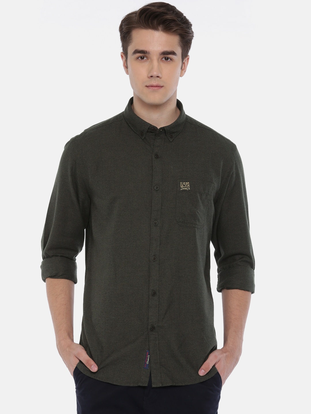 

U.S. Polo Assn. Denim Co. Men Olive Green Regular Fit Solid Casual Shirt