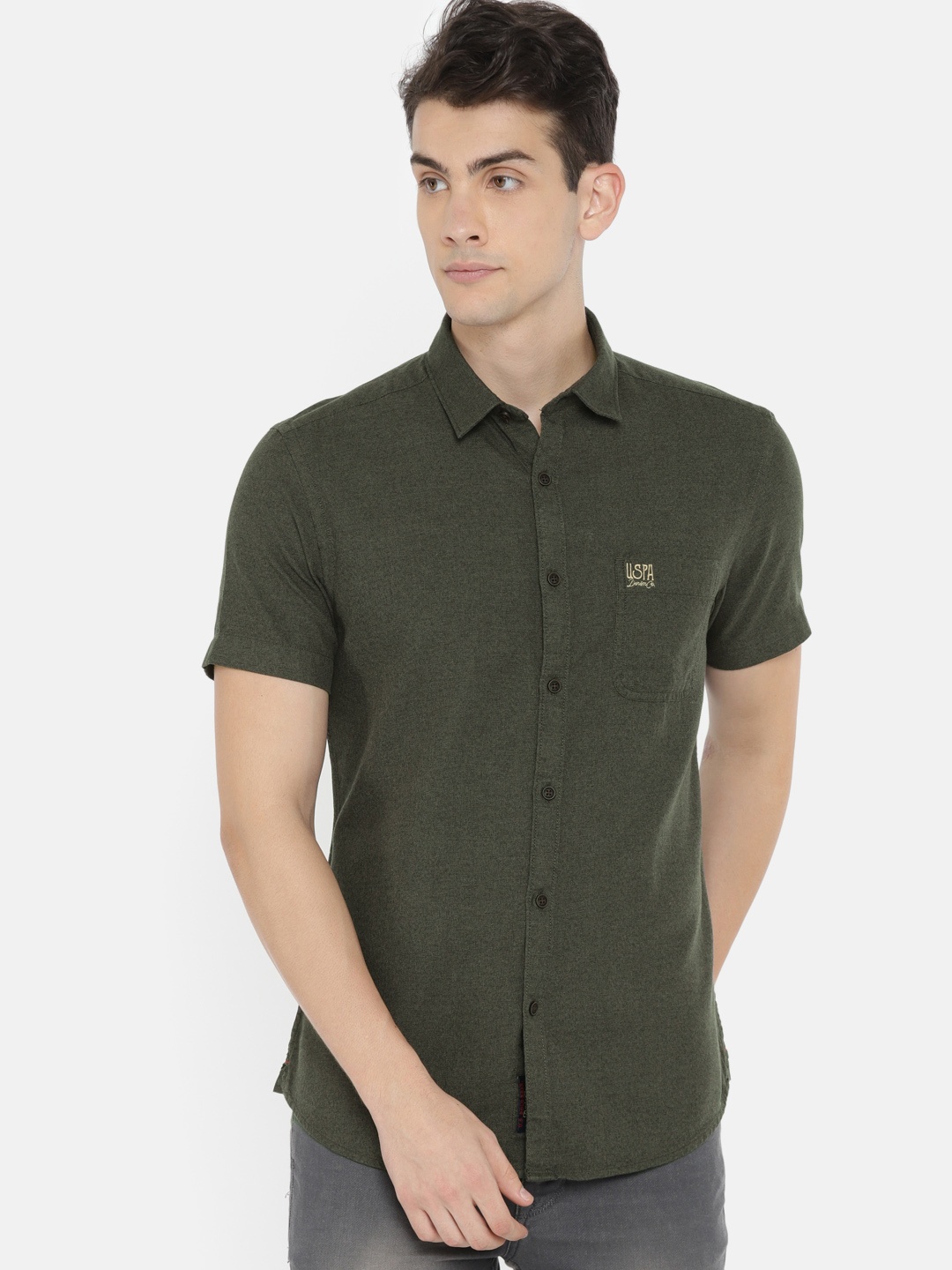 

U.S. Polo Assn. Denim Co. Men Olive Green Slim Fit Solid Casual Shirt