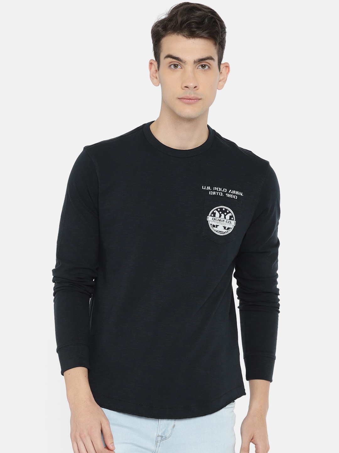 

U.S. Polo Assn. Denim Co. Men Navy Blue Solid Round Neck Pure Cotton T-shirt