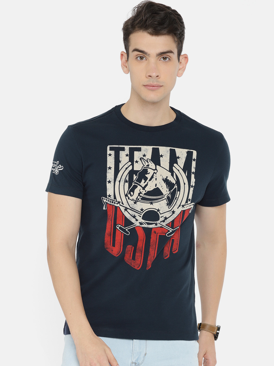 

U.S. Polo Assn. Denim Co. Men Navy Blue Printed Round Neck Pure Cotton T-shirt