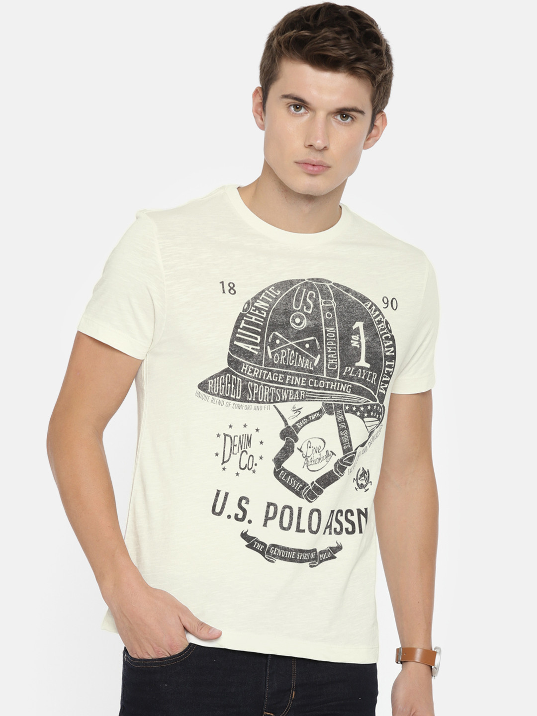 

U.S. Polo Assn. Denim Co. Men Off-White Printed Round Neck Pure Cotton T-shirt