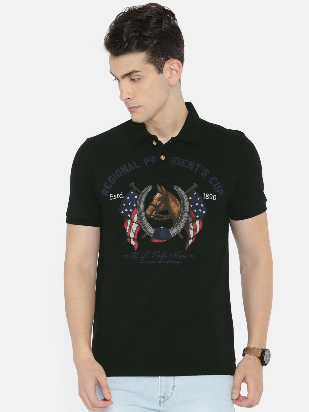 

U.S. Polo Assn. Denim Co. Men Black Printed Polo Collar Pure Cotton T-shirt