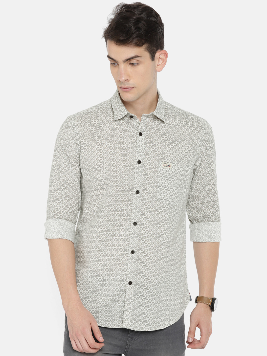 

U.S. Polo Assn. Denim Co. Men Cream-Coloured & Brown Slim Fit Printed Casual Shirt