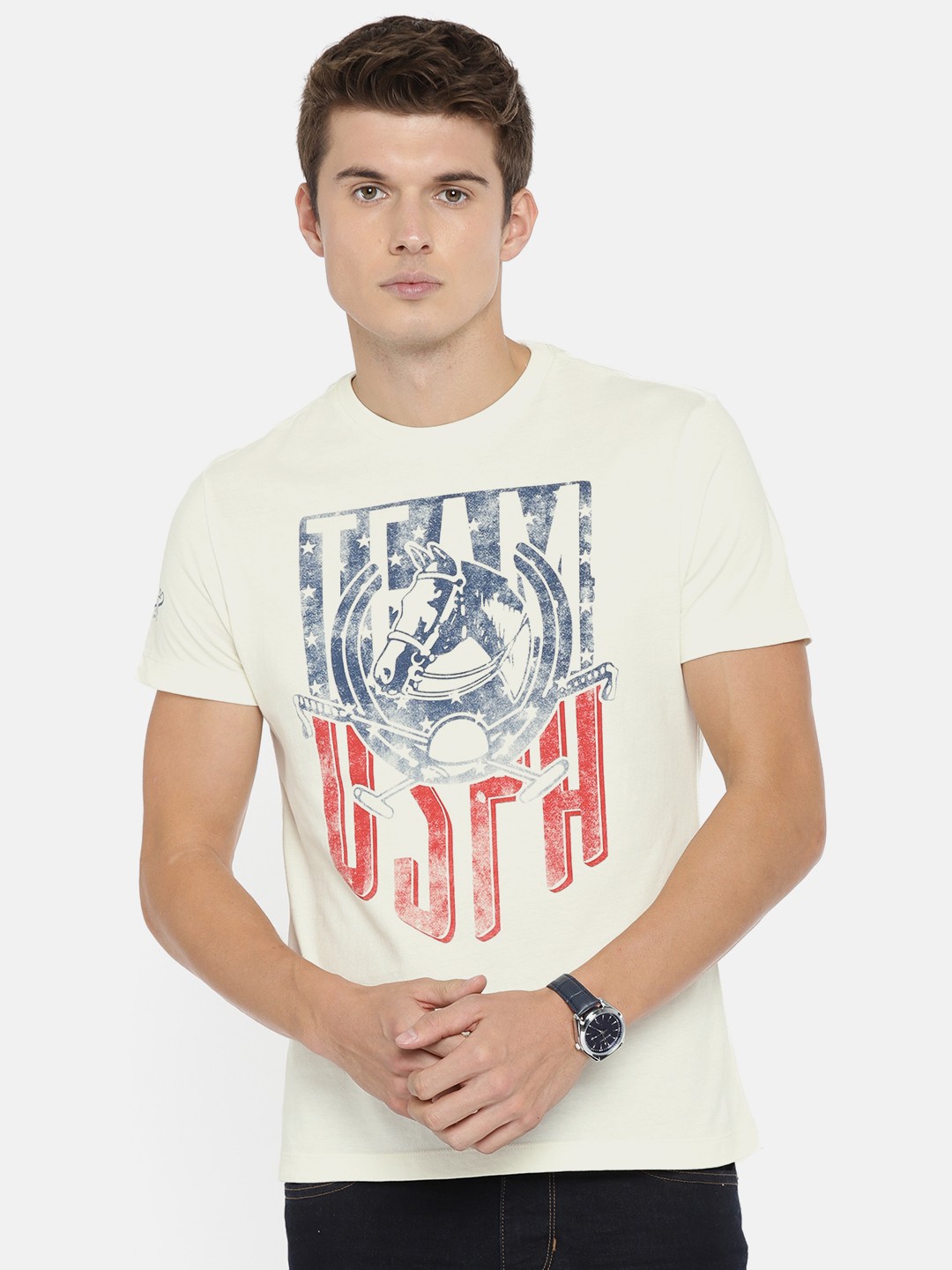 

U.S. Polo Assn. Denim Co. Men Off-White Printed Round Neck Pure Cotton T-shirt