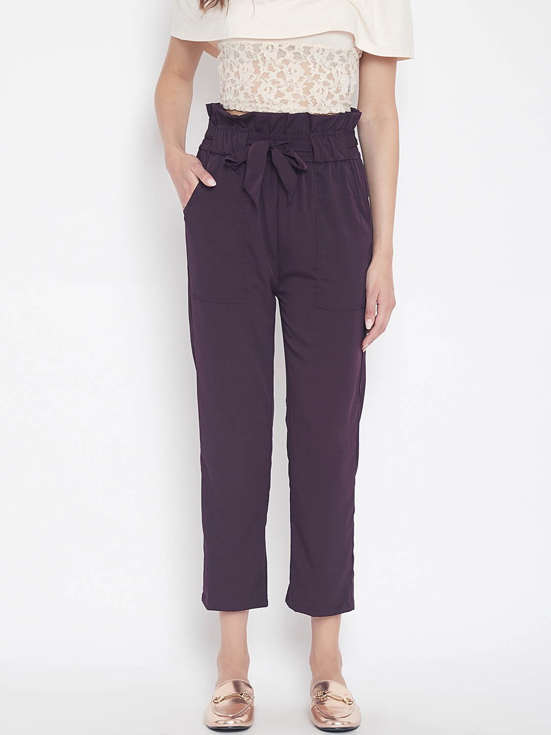 

PANIT Women Aubergine Regular Fit Solid Cropped Peg Trousers, Purple