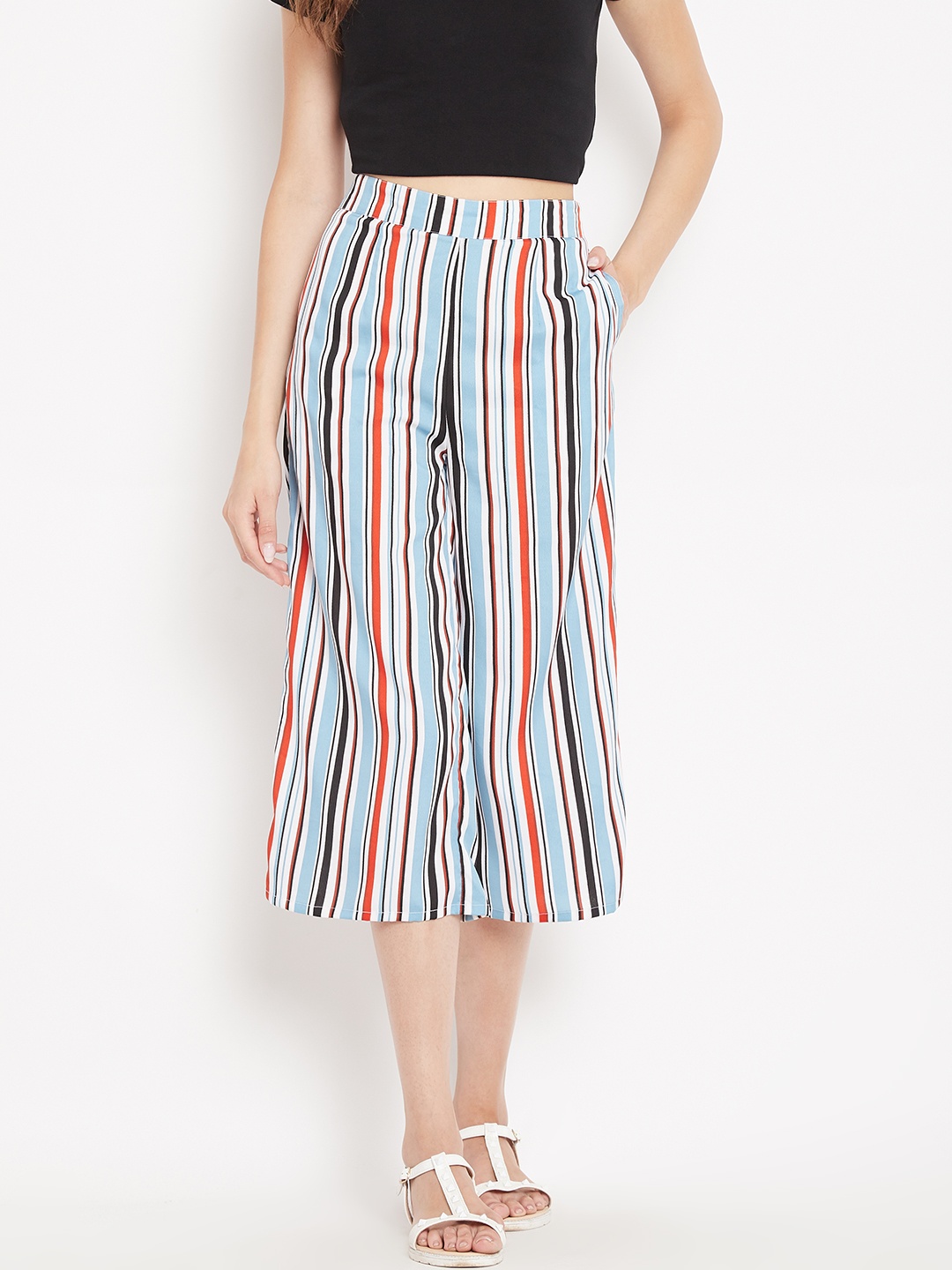 

PANIT Women White & Blue Loose Fit Striped Culottes