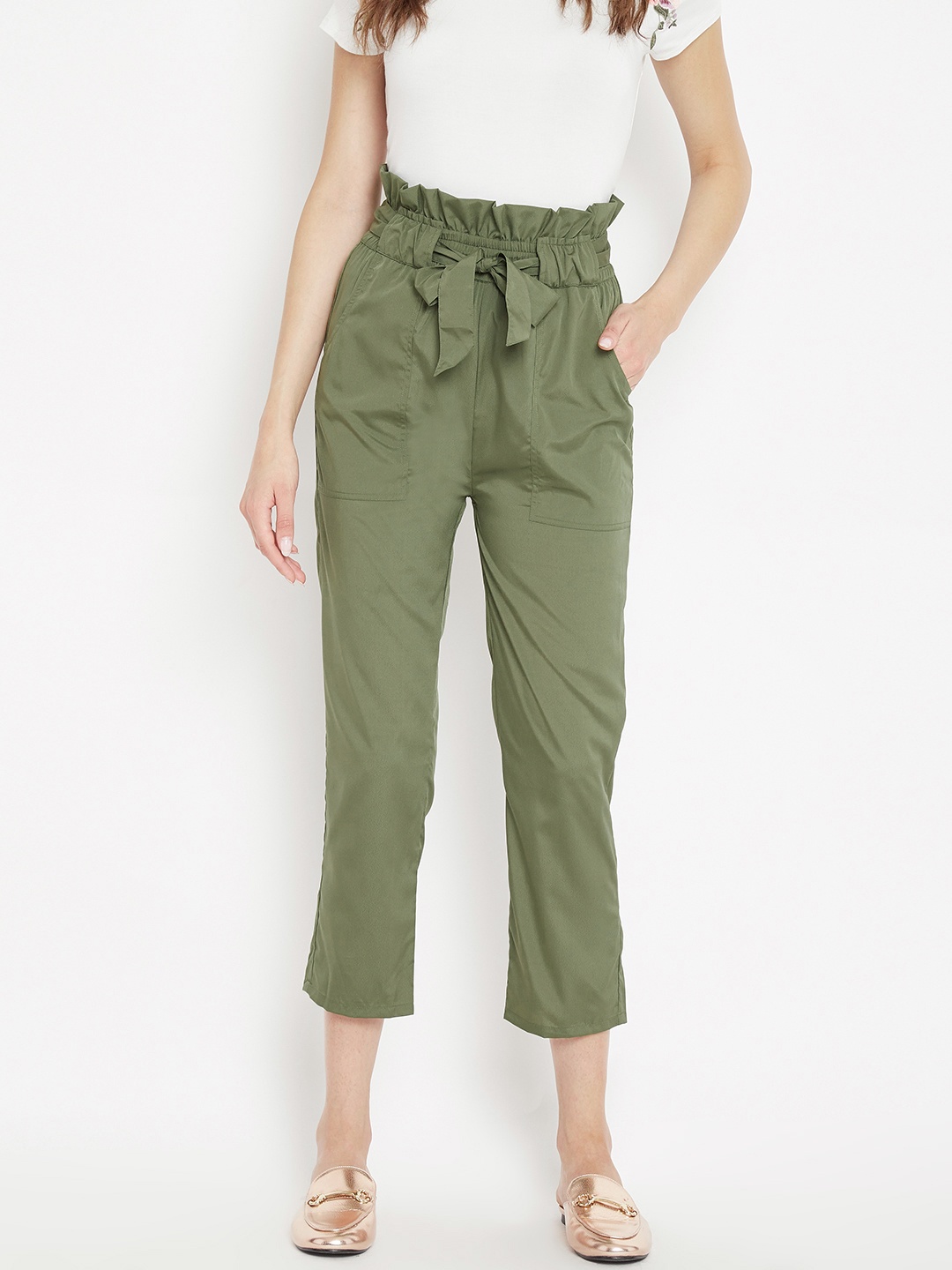 

PANIT Women Olive Green Cropped Peg Trousers