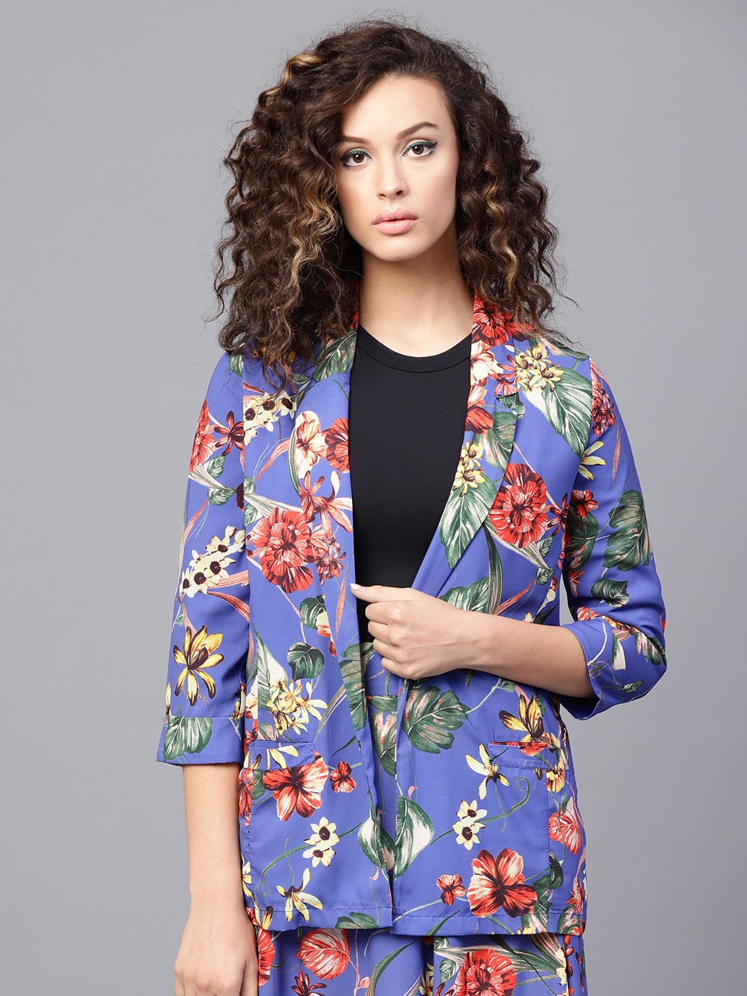 

SASSAFRAS Blue & Yellow Floral Print Open-Front Jacket, Purple