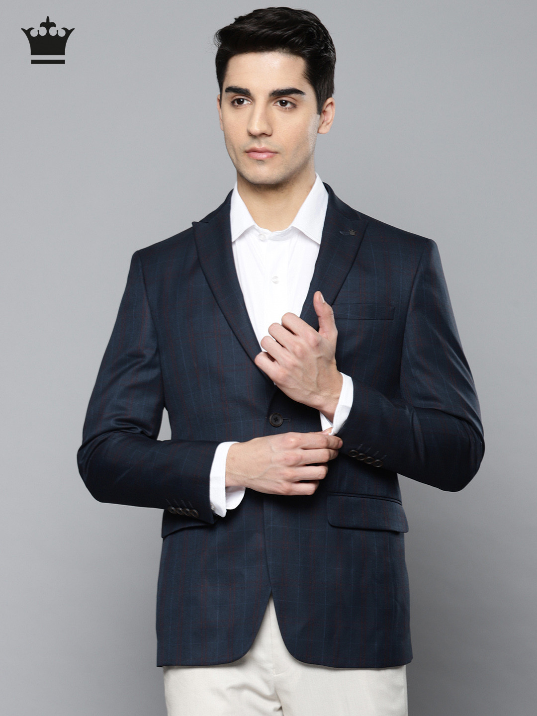 

Louis Philippe Men Navy Blue Checked Slim Fit Formal Blazer