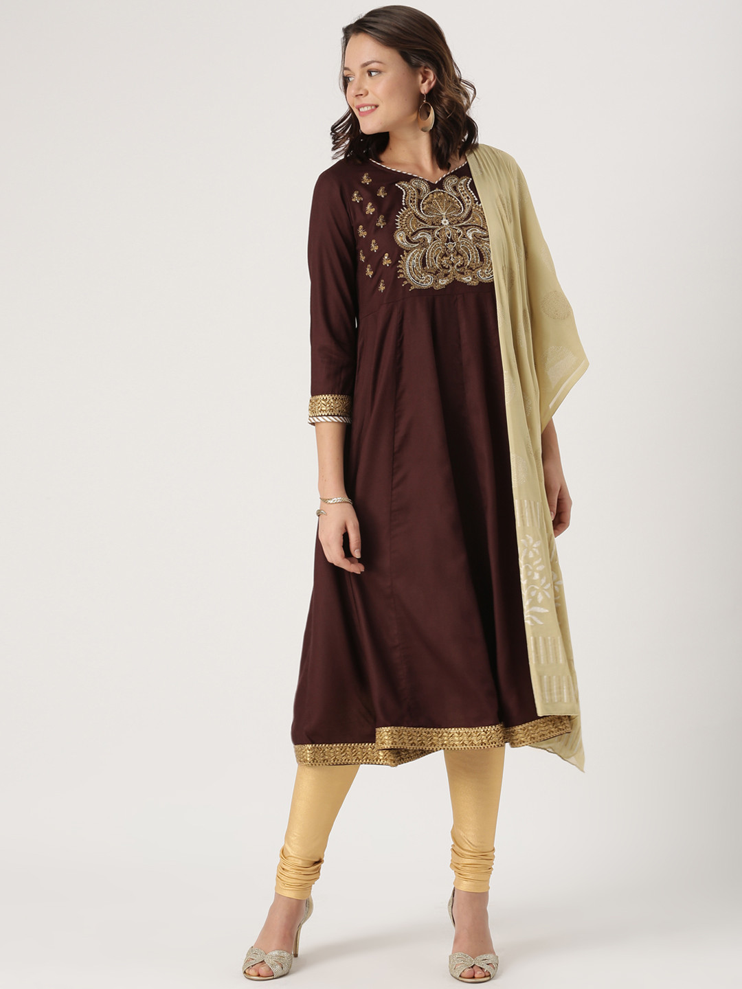 

IMARA Women Brown & Beige Embroidered Kurta with Churidar & Dupatta