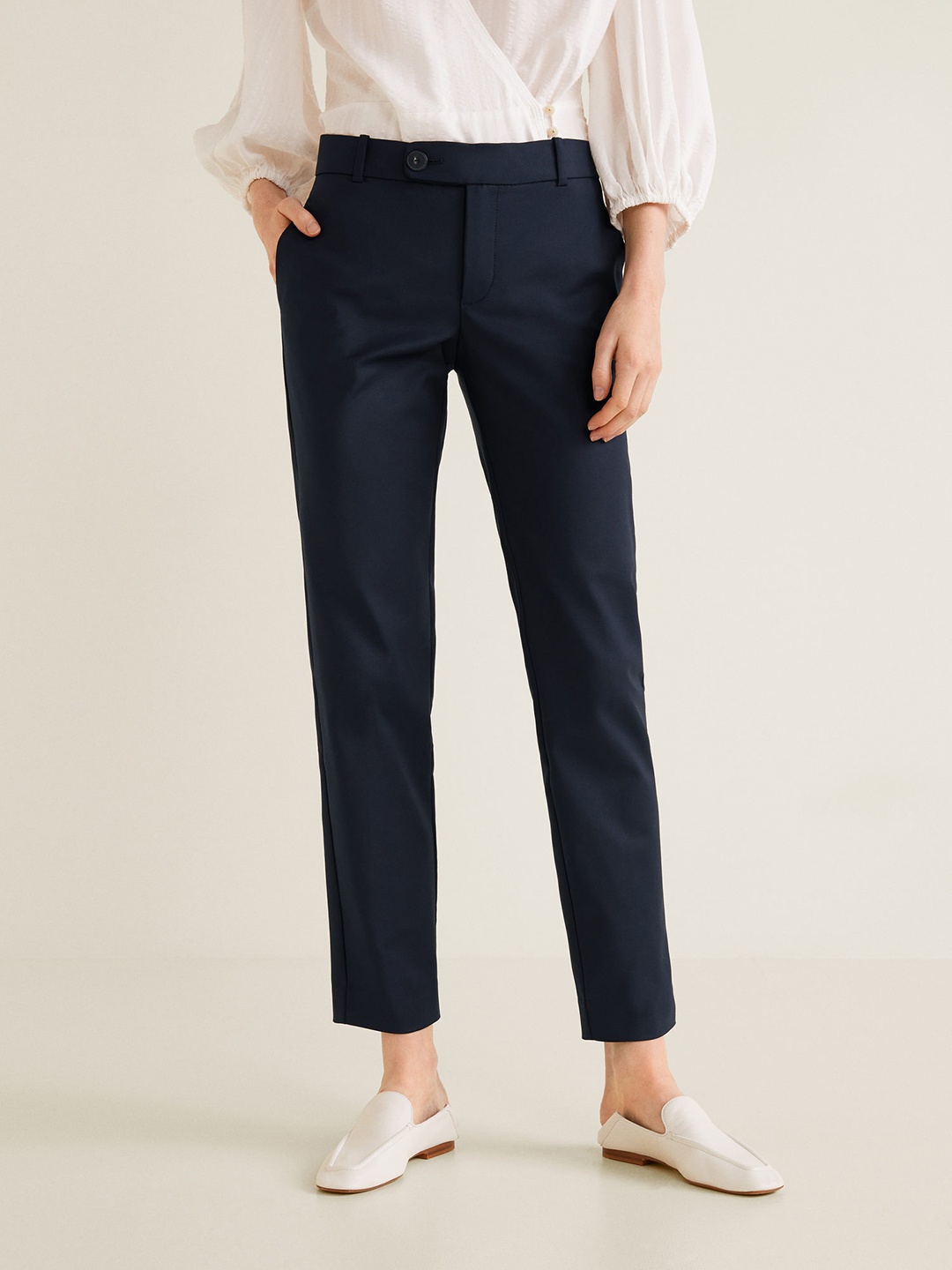 

MANGO Women Navy Blue Regular Fit Solid Cropped Regular Trousers