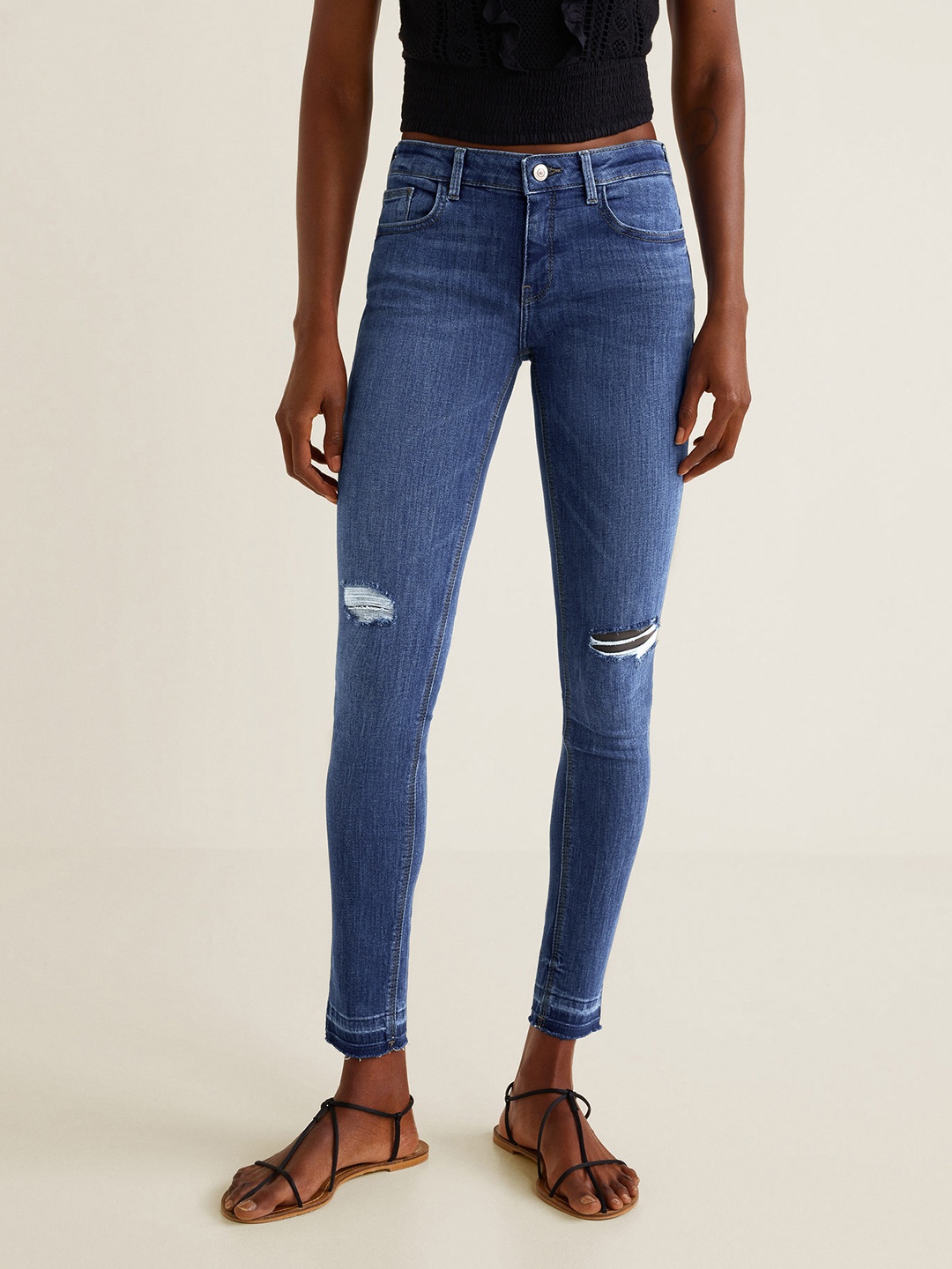 

MANGO Women Navy Blue Skinny Fit Mid-Rise Low Distress Stretchable Jeans