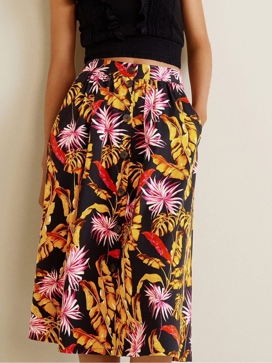 

MANGO Women Black & Yellow Printed Flared Skirt