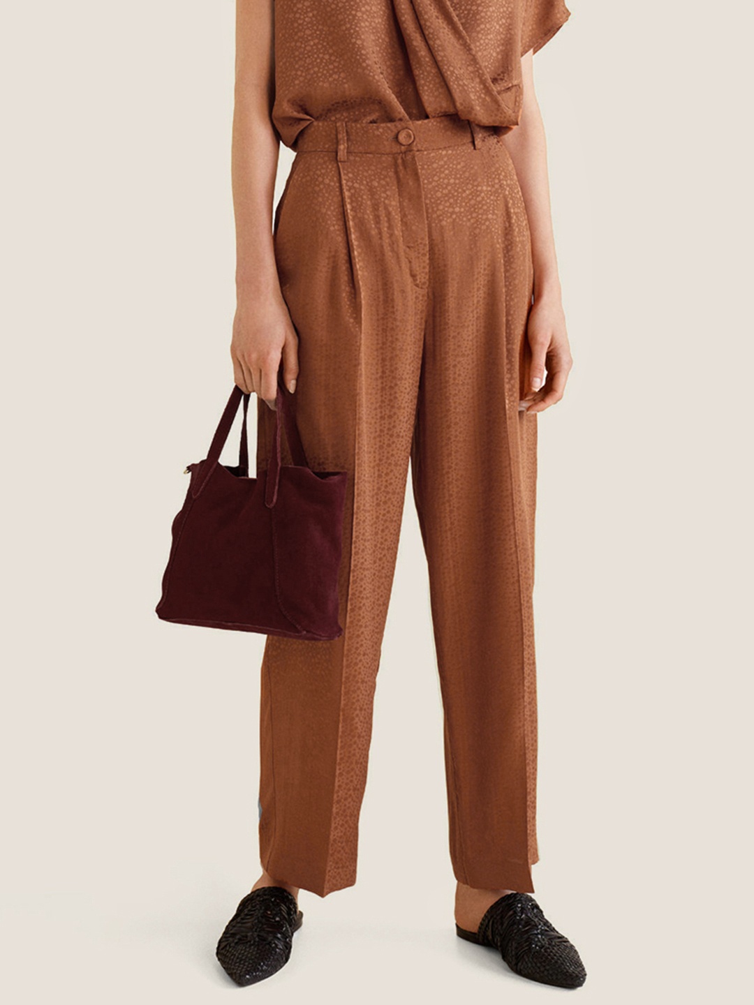 

MANGO Women Rust Brown Regular Fit Self Design Trousers