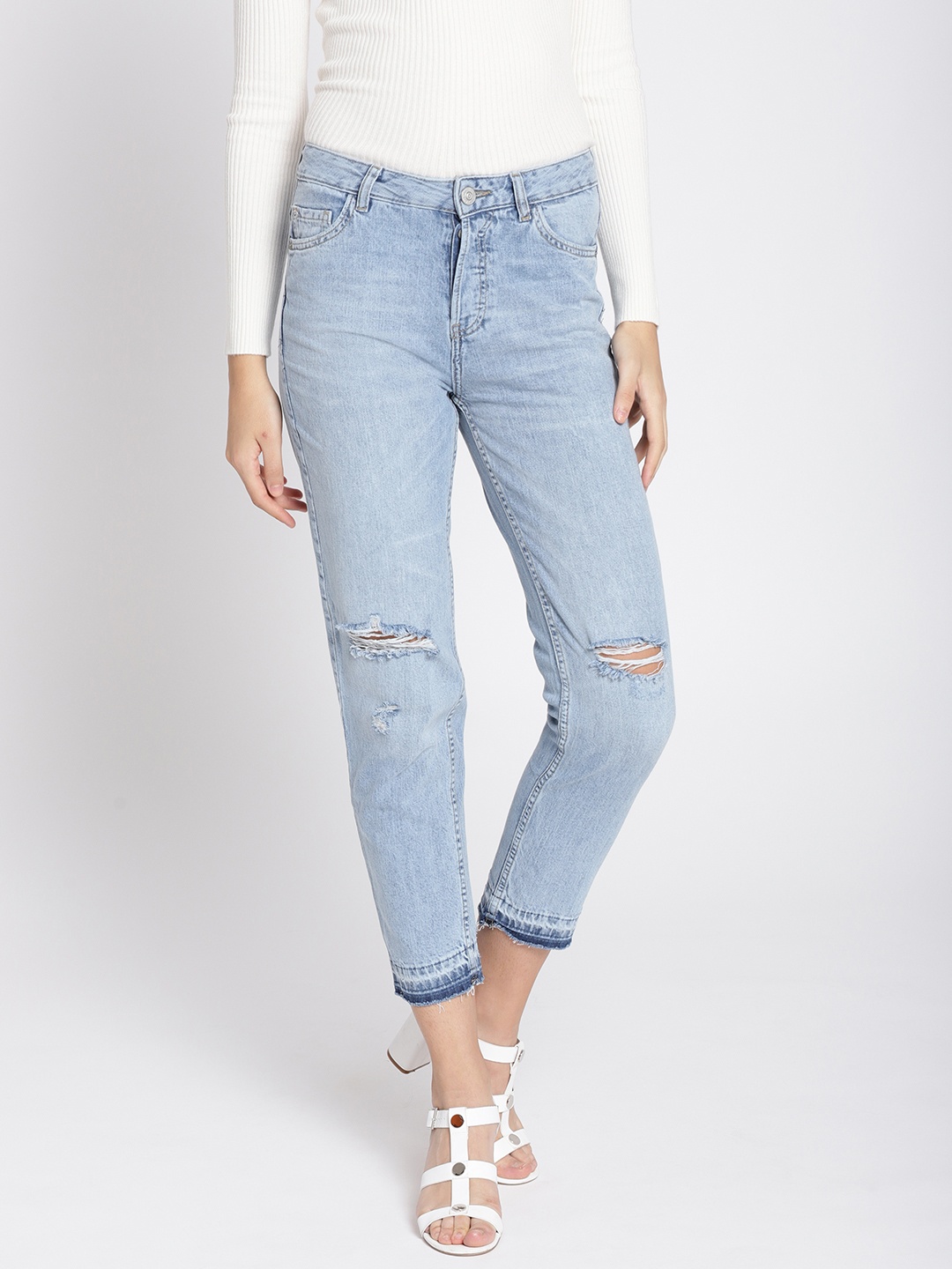 

MANGO Women Blue Mom Fit Slash Knee Cropped Jeans