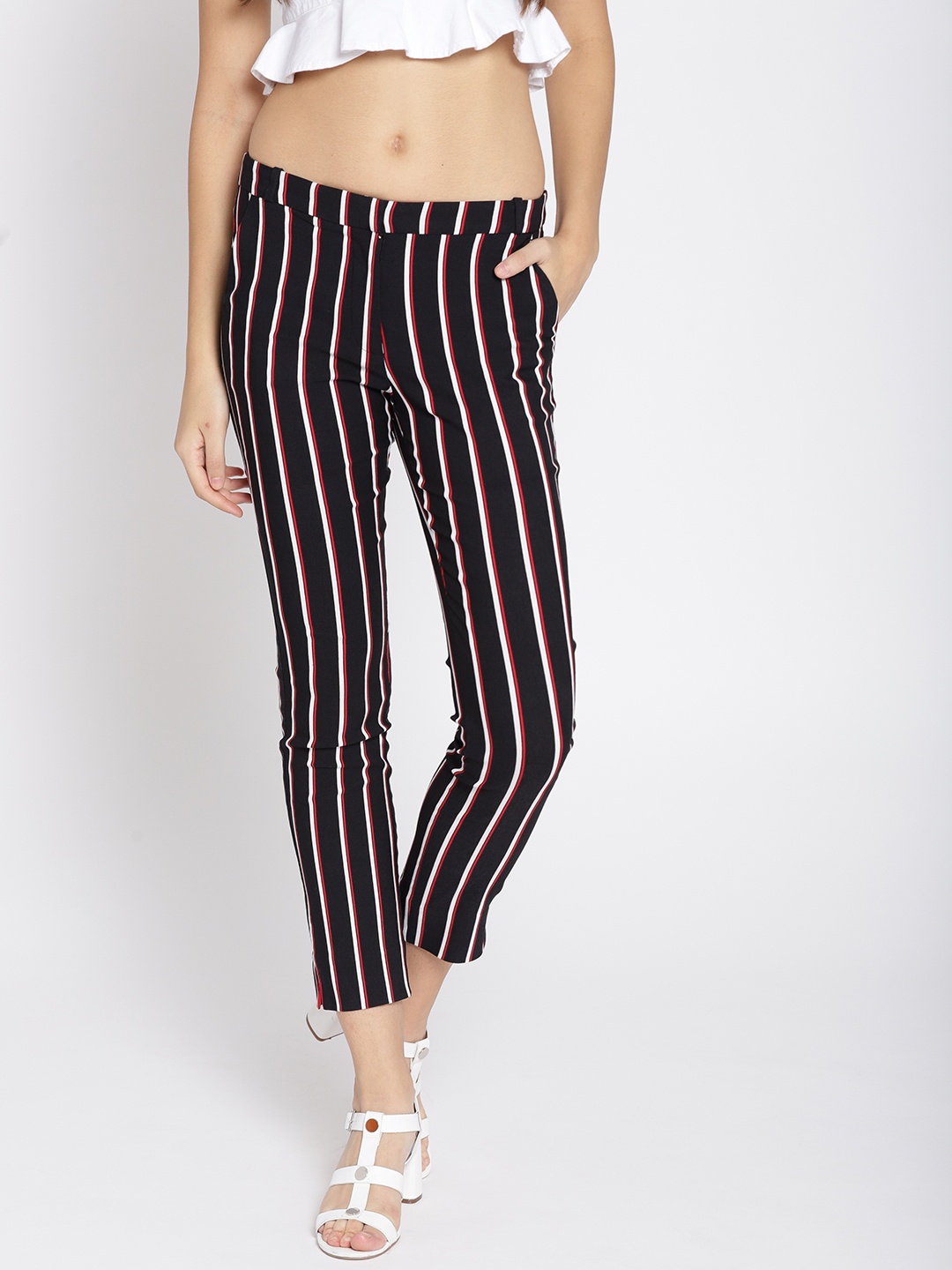 

MANGO Women Black & White Skinny Fit Striped Cropped Trousers