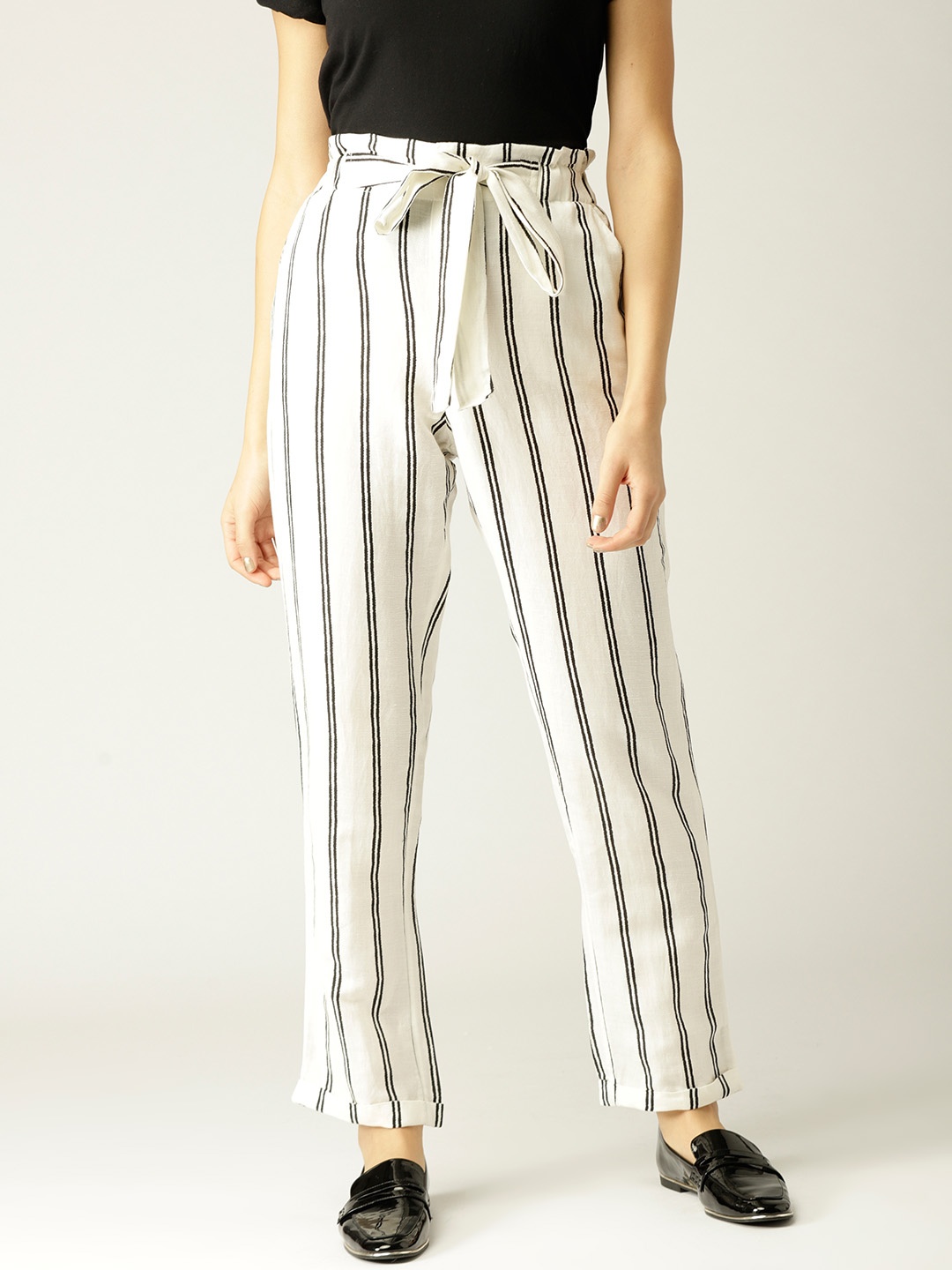 

MANGO Women White & Black Regular Fit Striped Regular Trousers