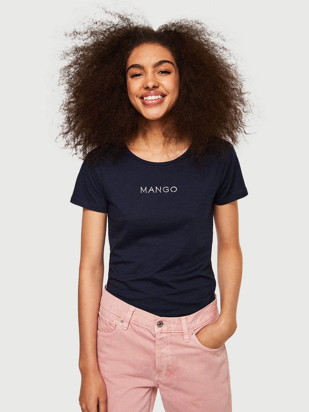 

MANGO Women Navy Blue Solid Round Neck T-shirt