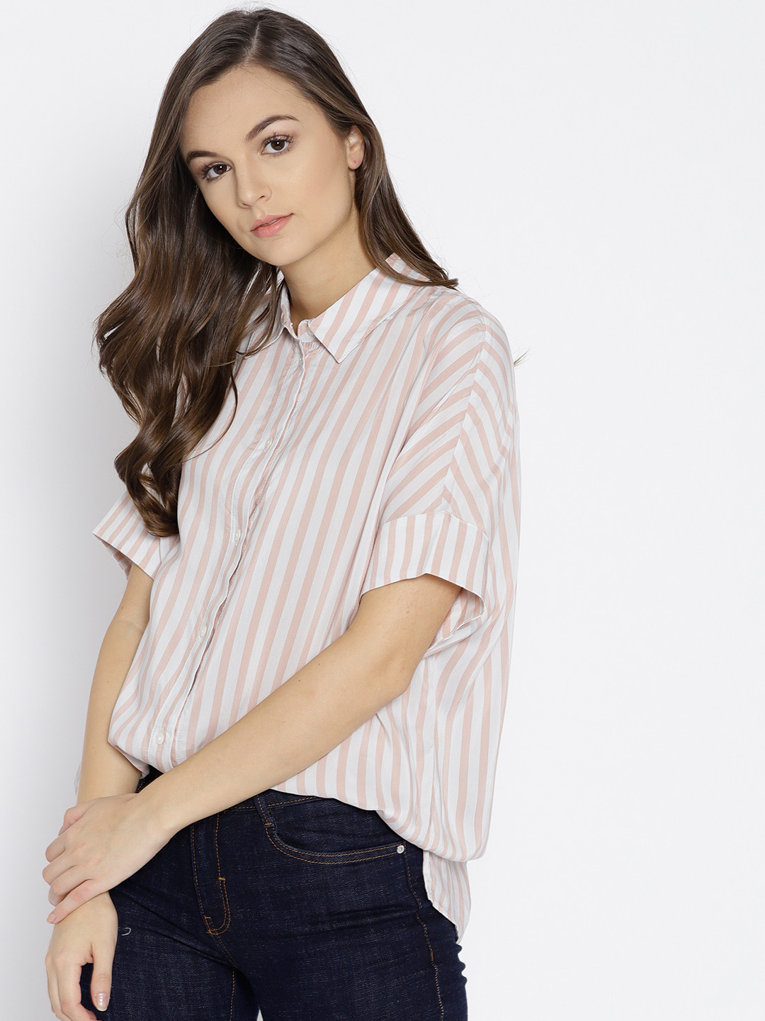 

MANGO Women Peach-Coloured & Off-White Regular Fit Striped Casual Shirt