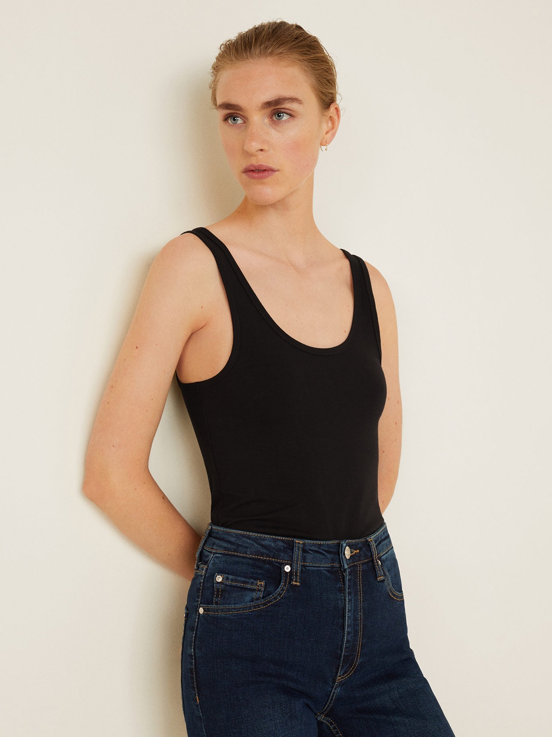 

MANGO Women Black Solid Fitted Top