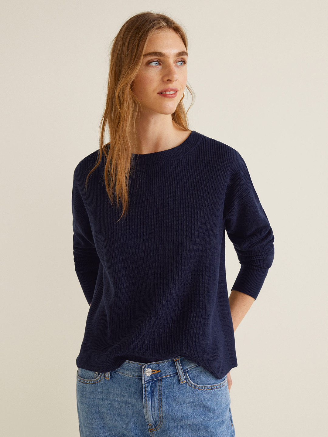 

MANGO Women Navy Blue Solid Pullover