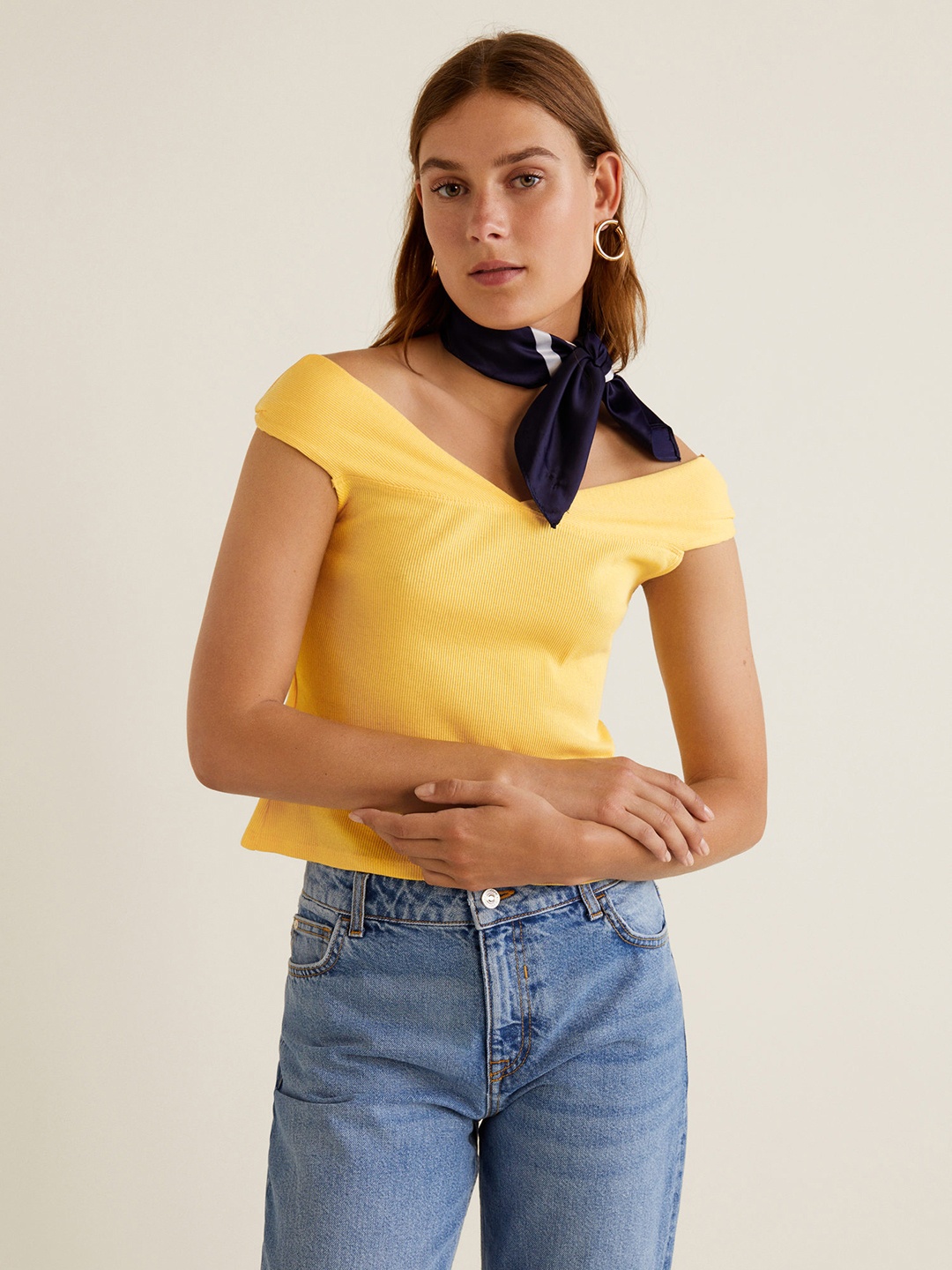 

MANGO Women Yellow Solid Pure Cotton Top