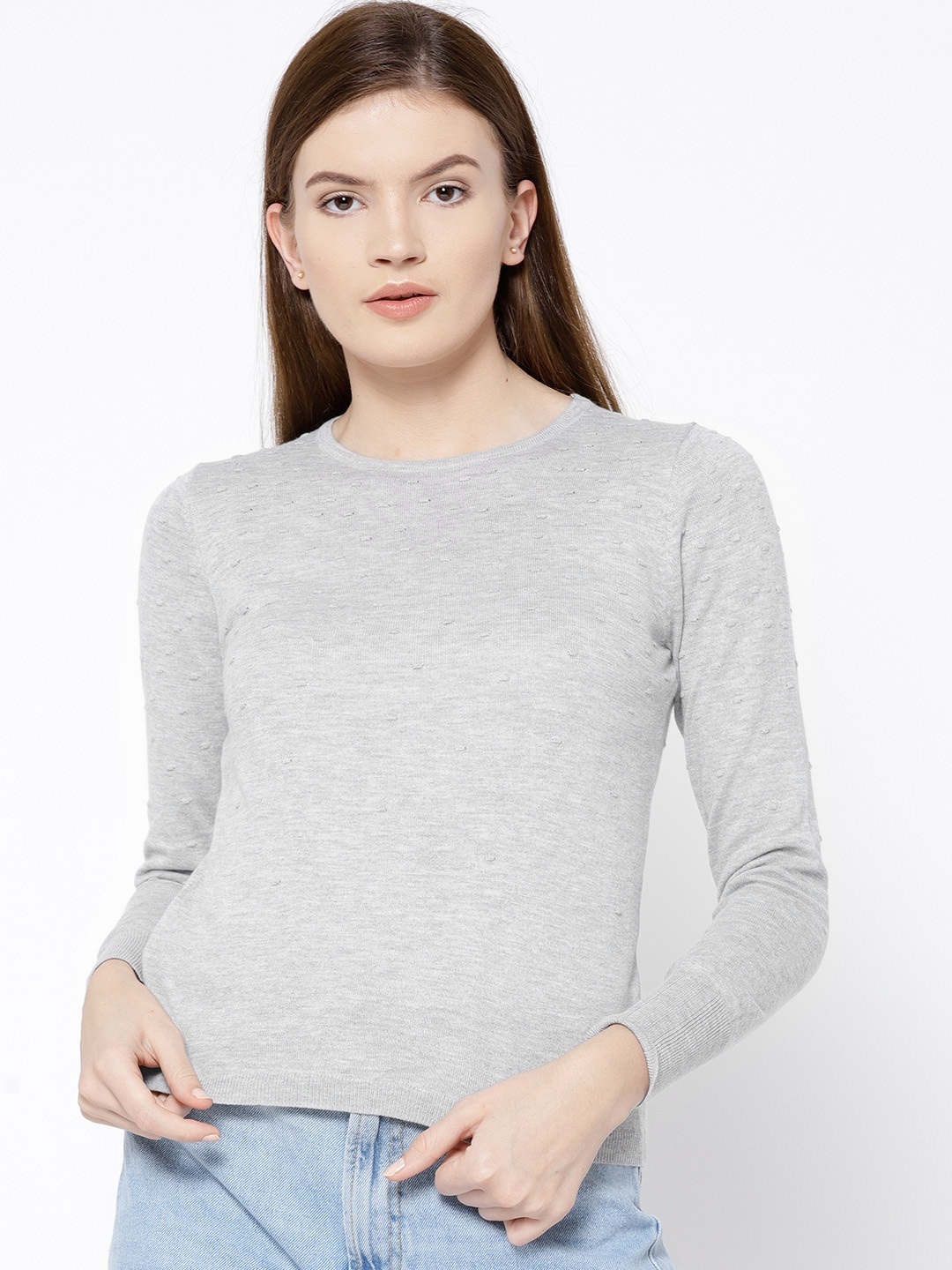

MANGO Women Grey Melange Self Design Pullover