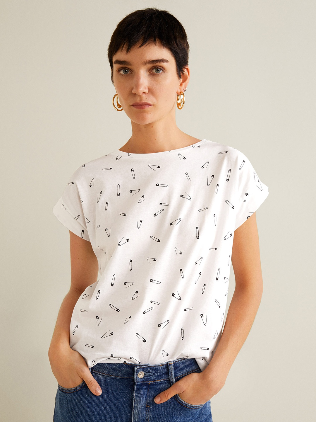 

MANGO Women White Printed Round Neck T-shirt