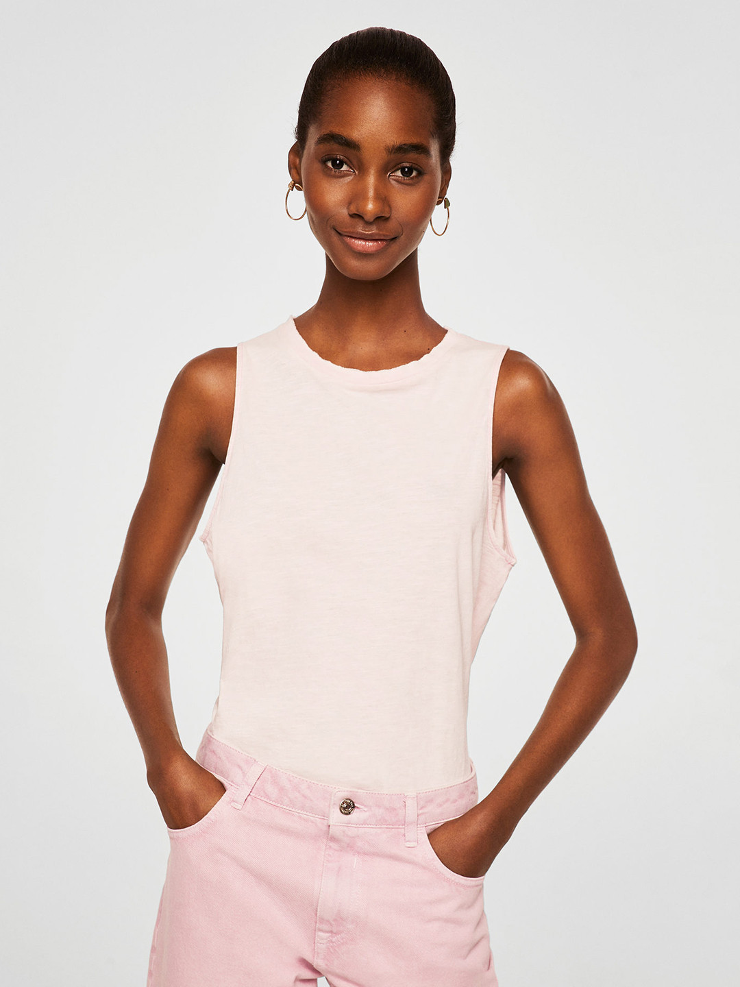 

MANGO Pink Solid Pure Cotton Top
