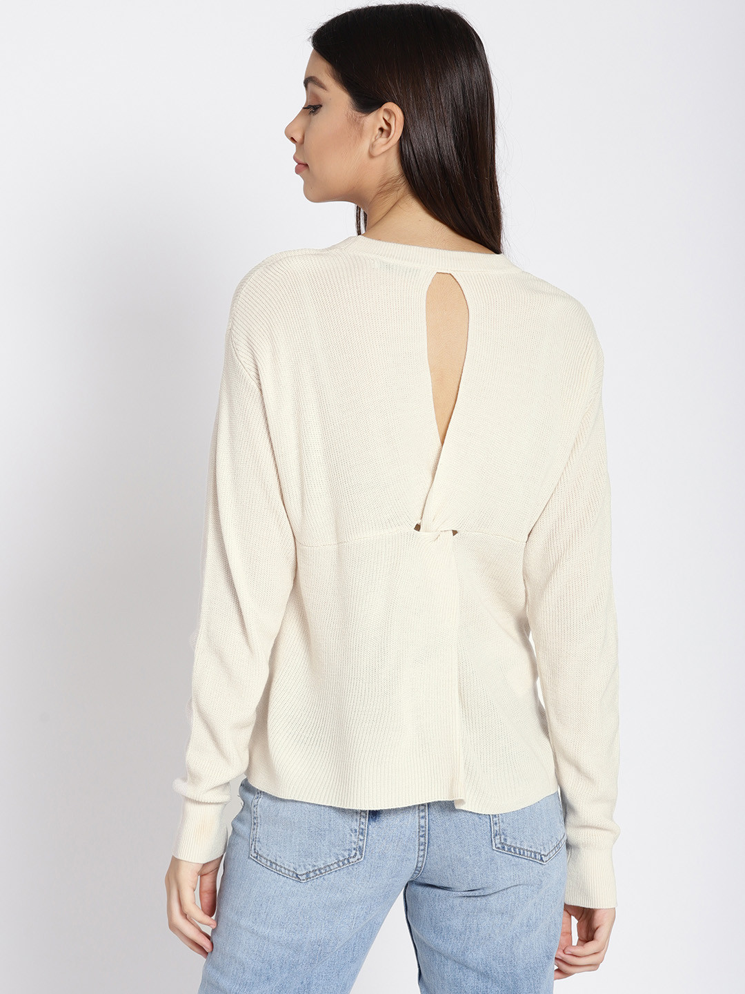 

MANGO Women Off-White Solid Styled Back Pullover