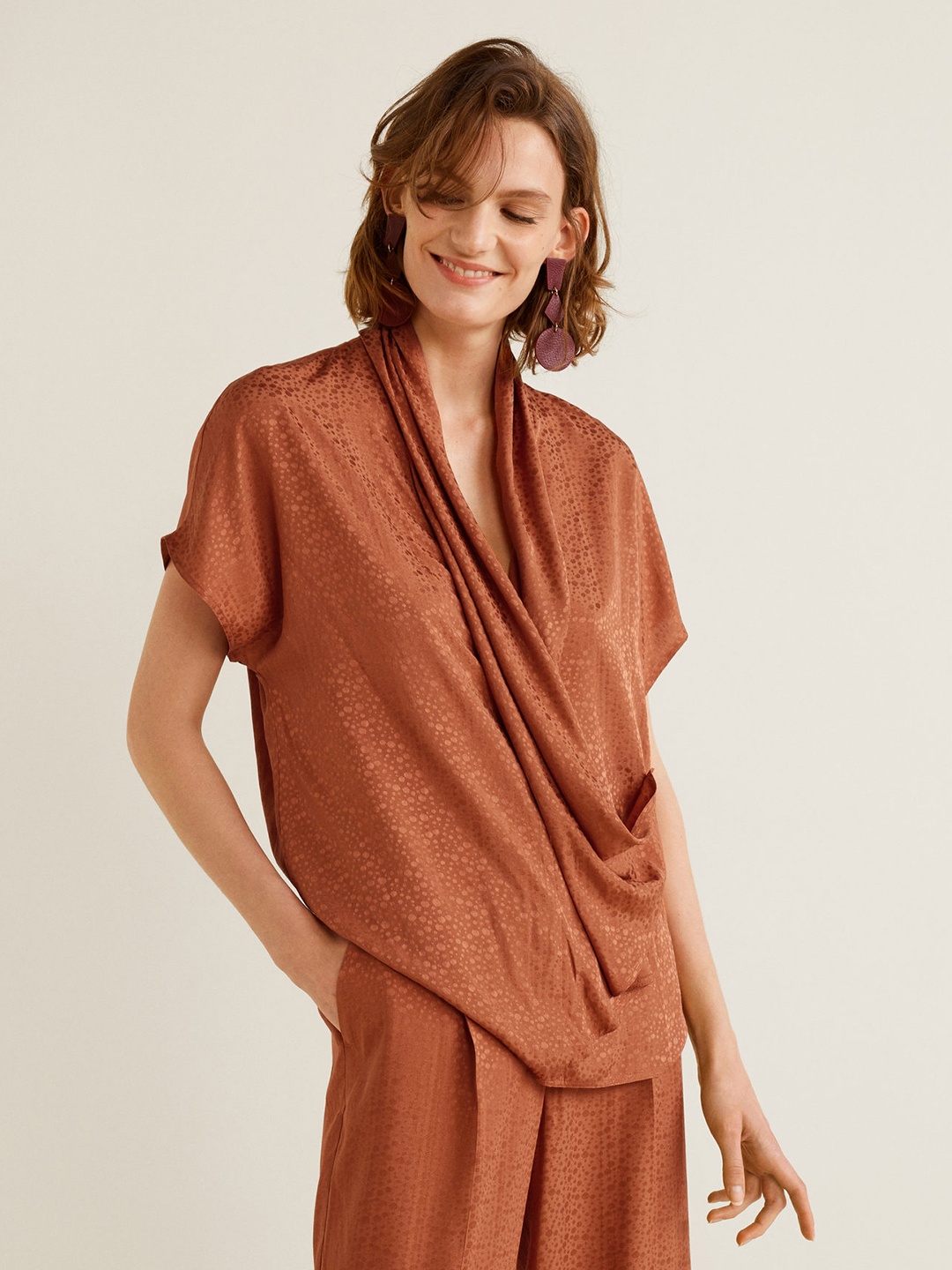 

MANGO Women Rust Orange Self-Design Boxy Top