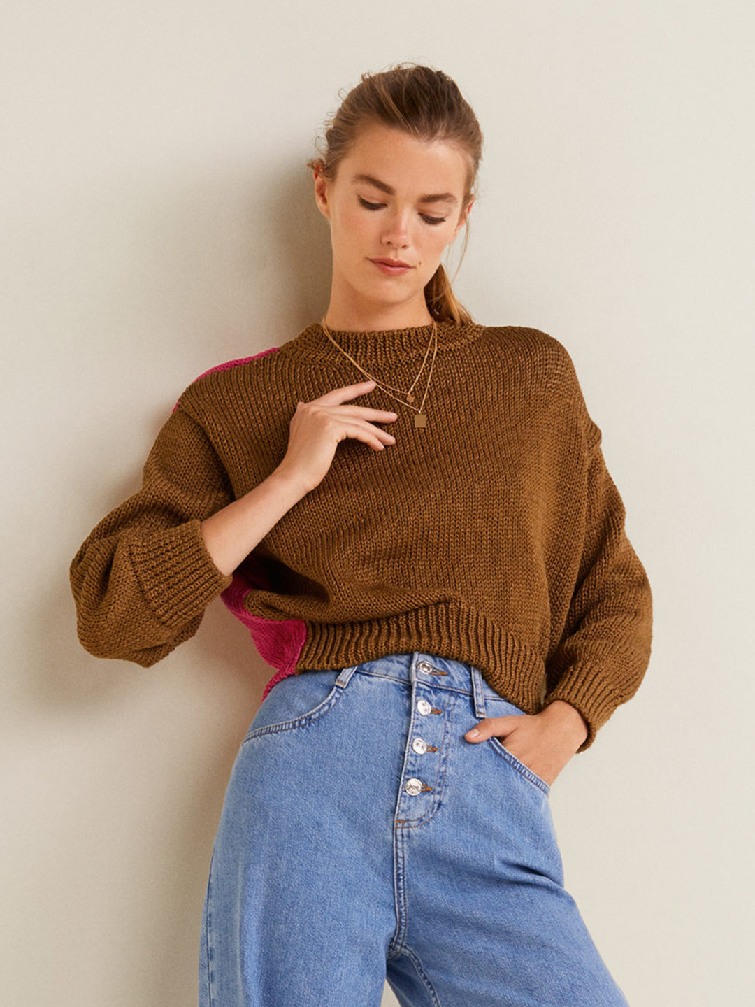 

MANGO Women Brown & Pink Colourblocked Pullover