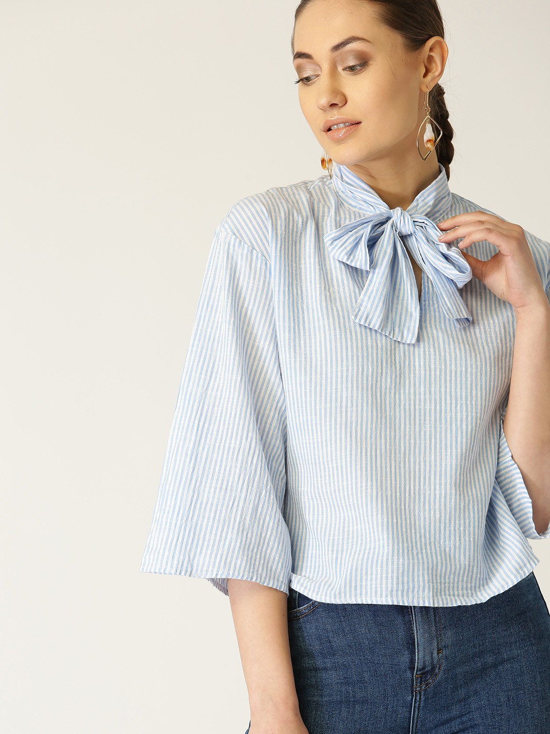 

MANGO Women Blue & White Striped Pure Cotton Top