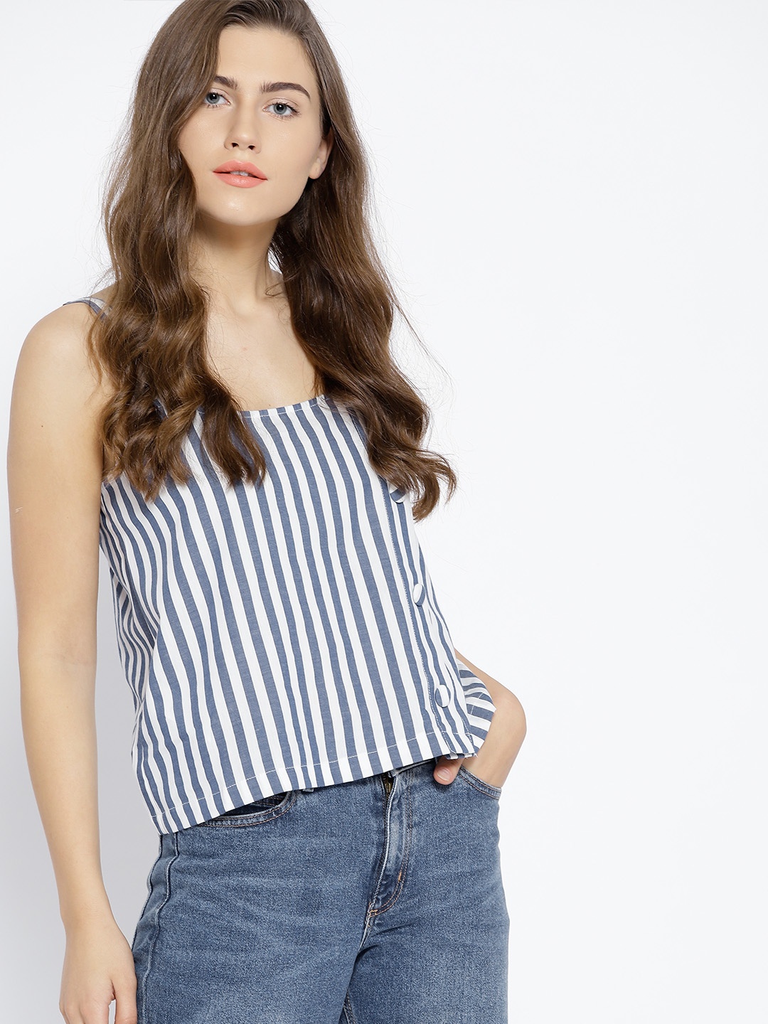 

MANGO Women Blue & White Striped Boxy Pure Cotton Top