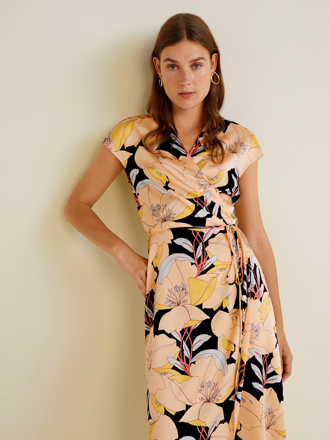 

MANGO Women Peach-Coloured & Black Printed Wrap Dress